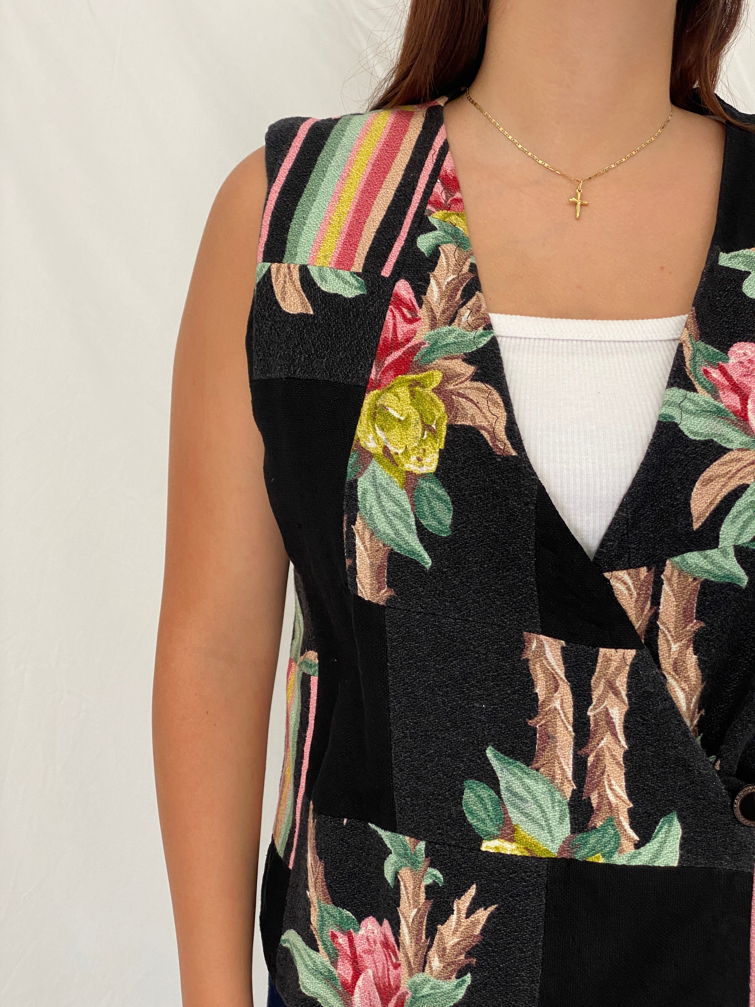 Vintage Black Patchwork Floral Vest Asymmetric Button Boho Waistcoat – L