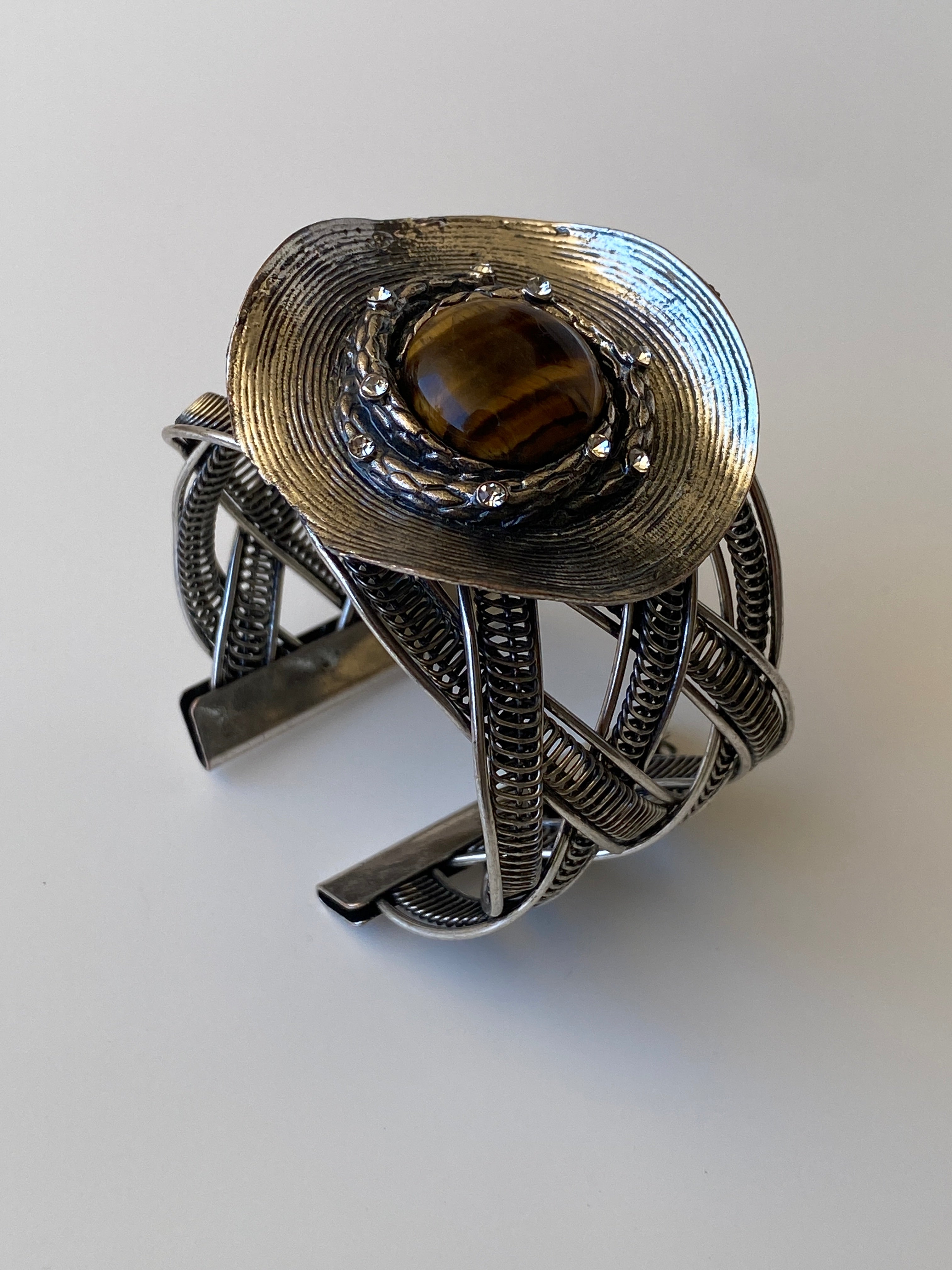 Vintage Tiger Eye Statement Cuff Bracelet Silver Tone Openwork Artisan Bangle