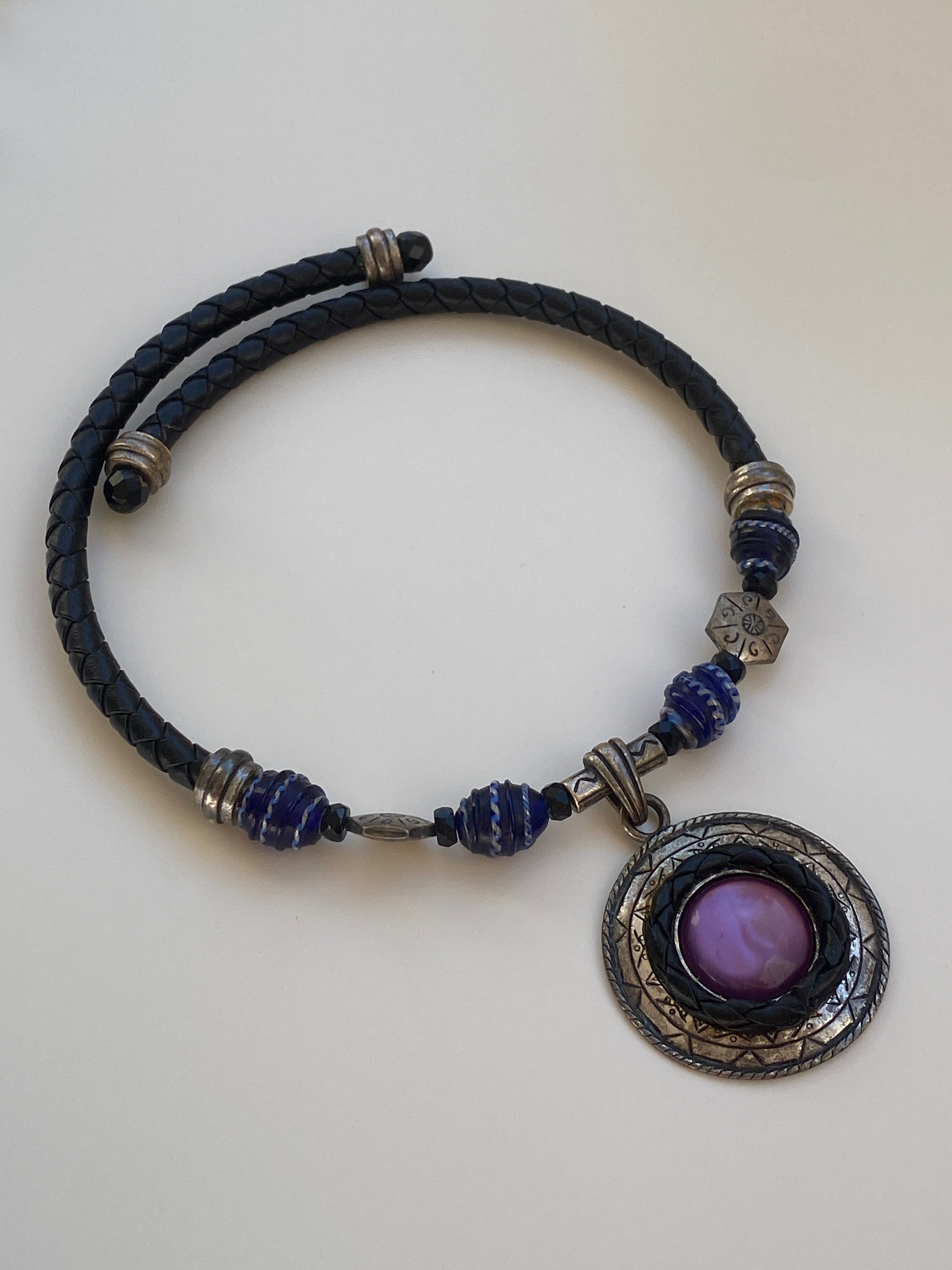 Vintage Chico’s Black Braided Cord Purple Glass Beaded Medallion Choker Necklace