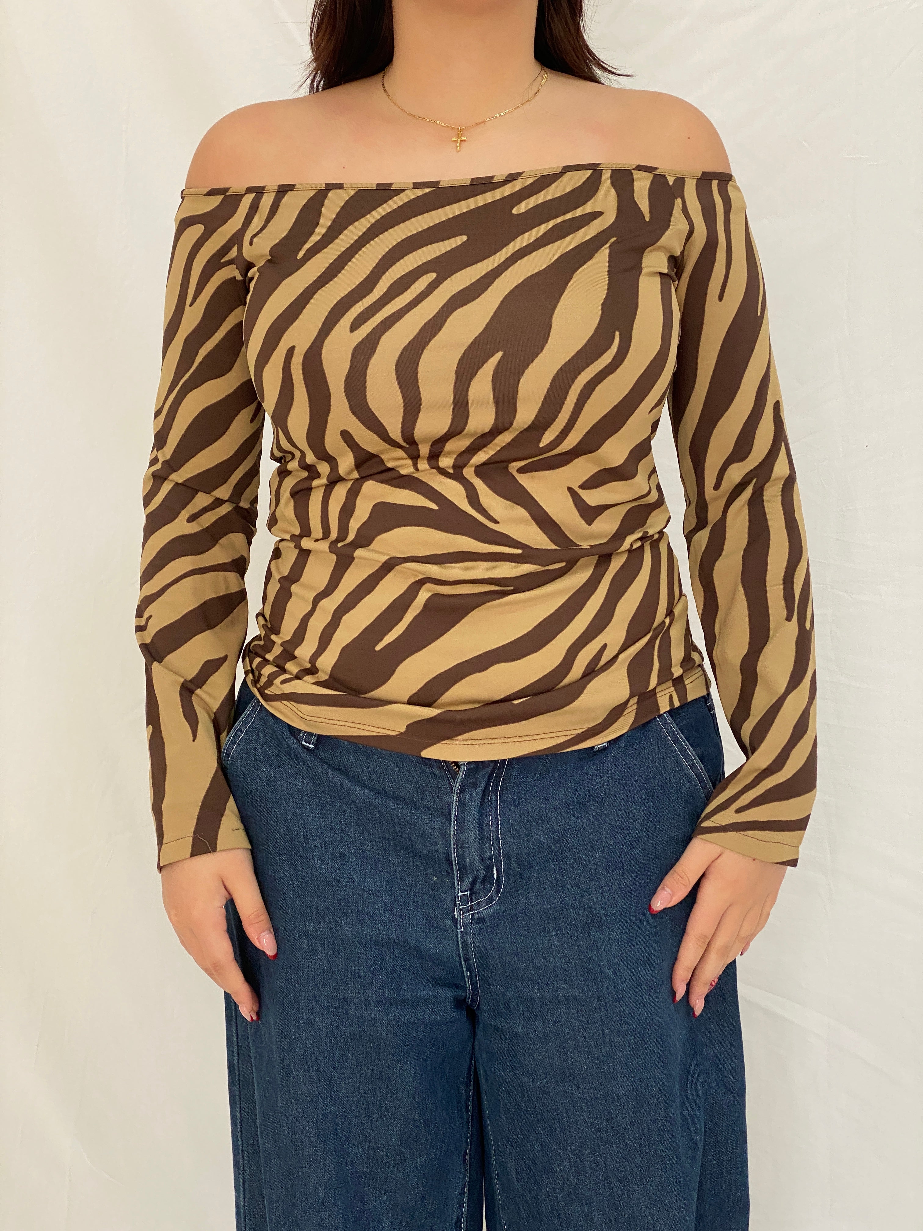 Vintage Juan Brise Brown Zebra Print Off-Shoulder Long Sleeve Stretch Top - L