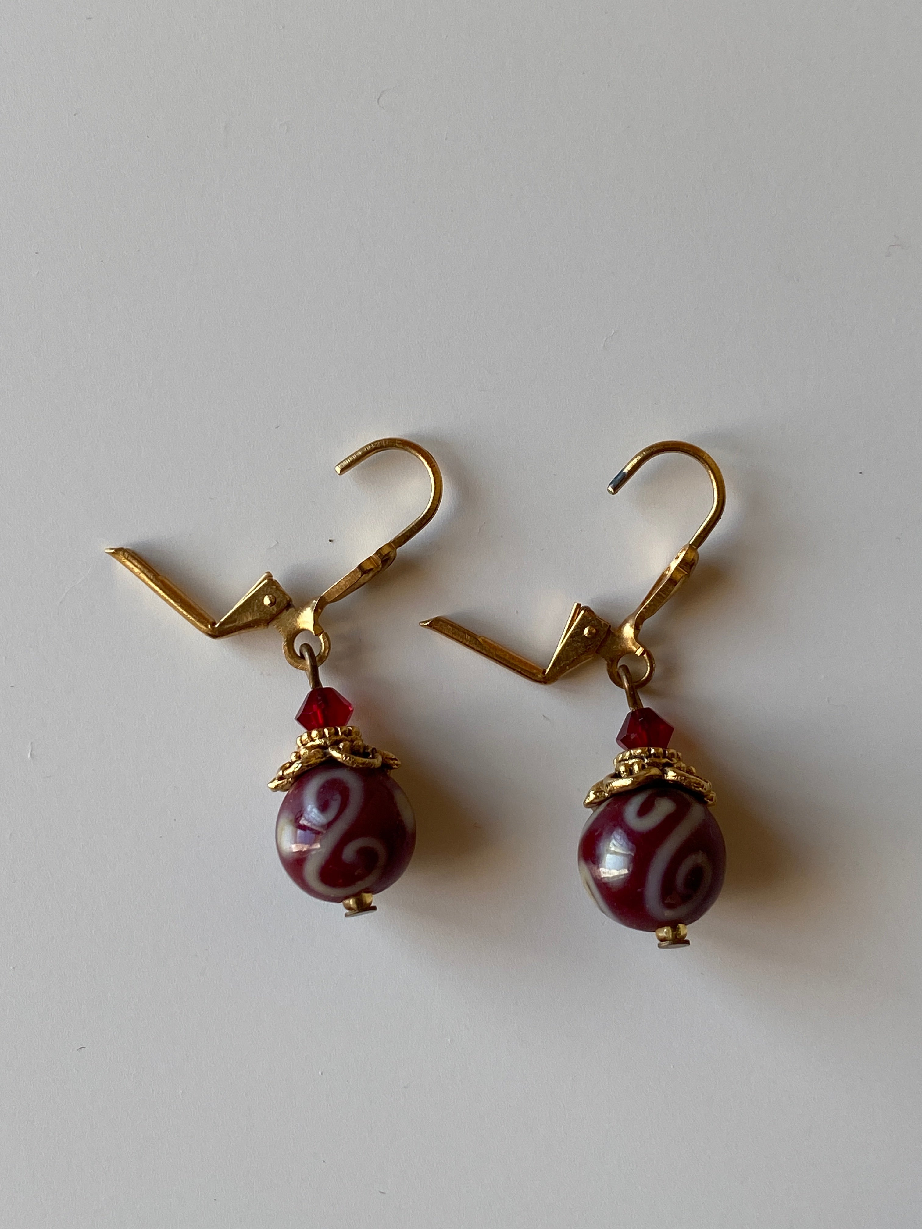 Vintage Burgundy Glass Bead Drop Earrings with Gold Tone Accents