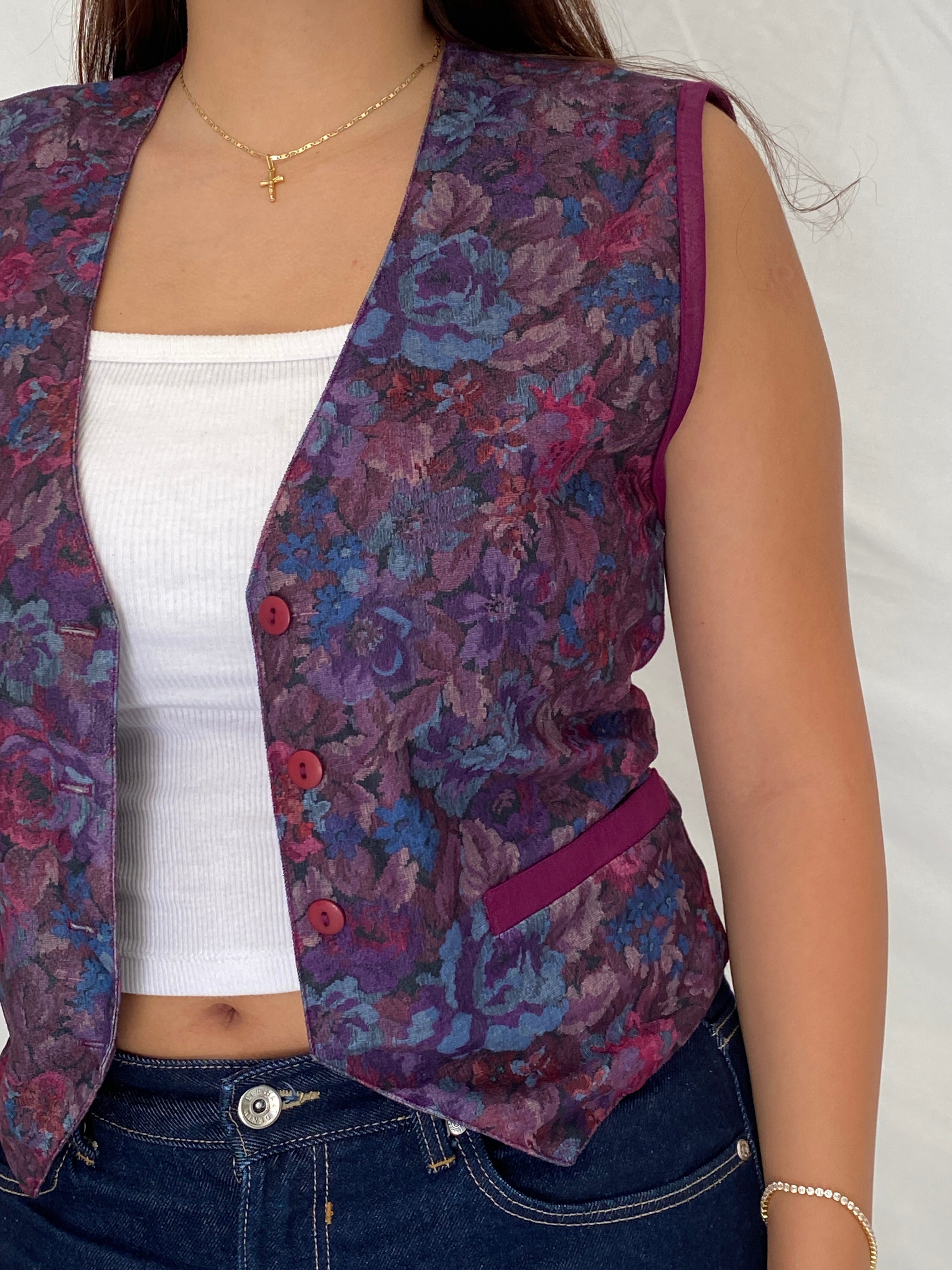 Vintage 90s Pierre Lamonte Purple Waistcoat Floral Button Vest – M