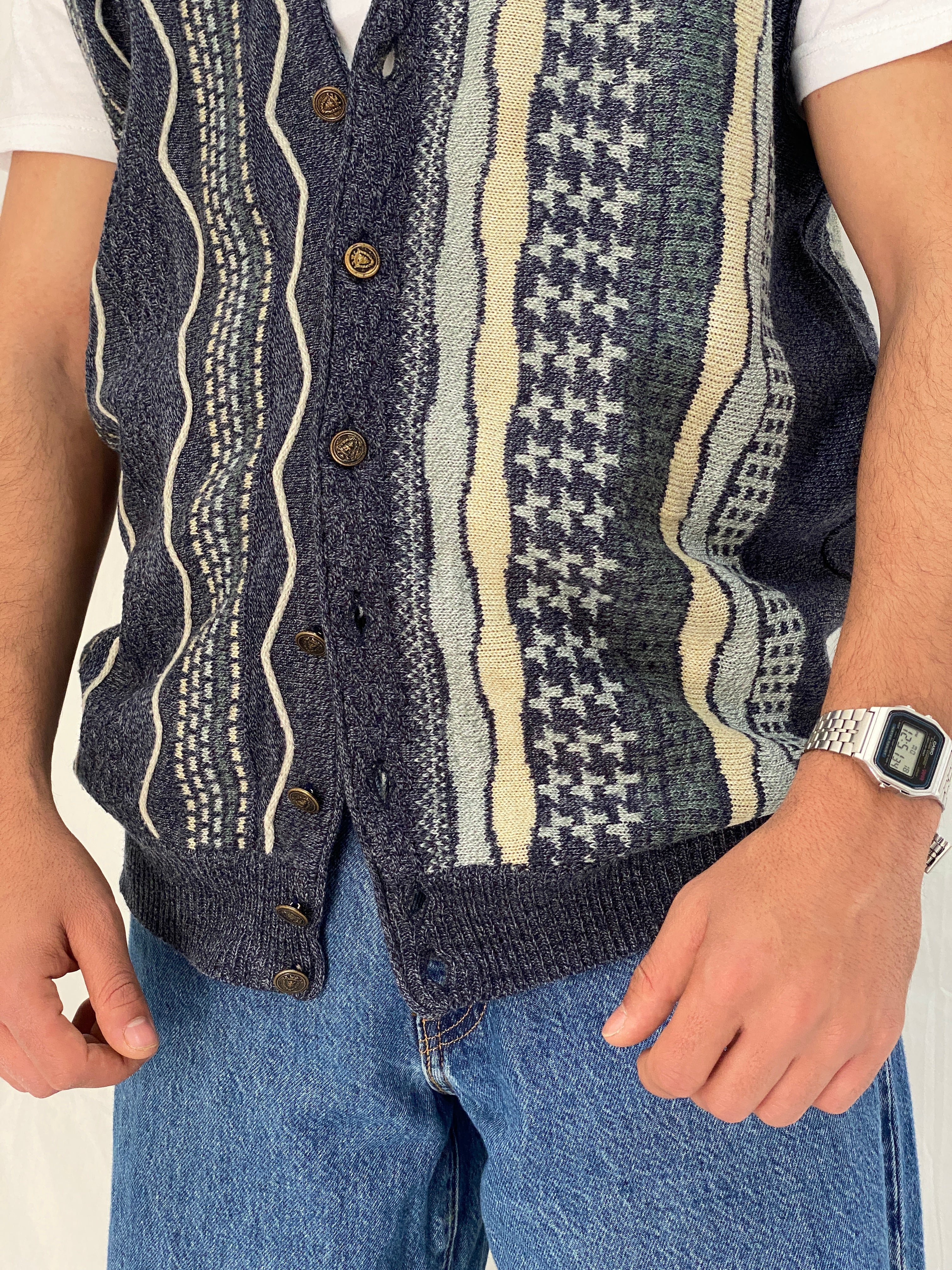 Vintage 90s تريكو Navy Patterned Knit Sweater Vest Cardigan - M
