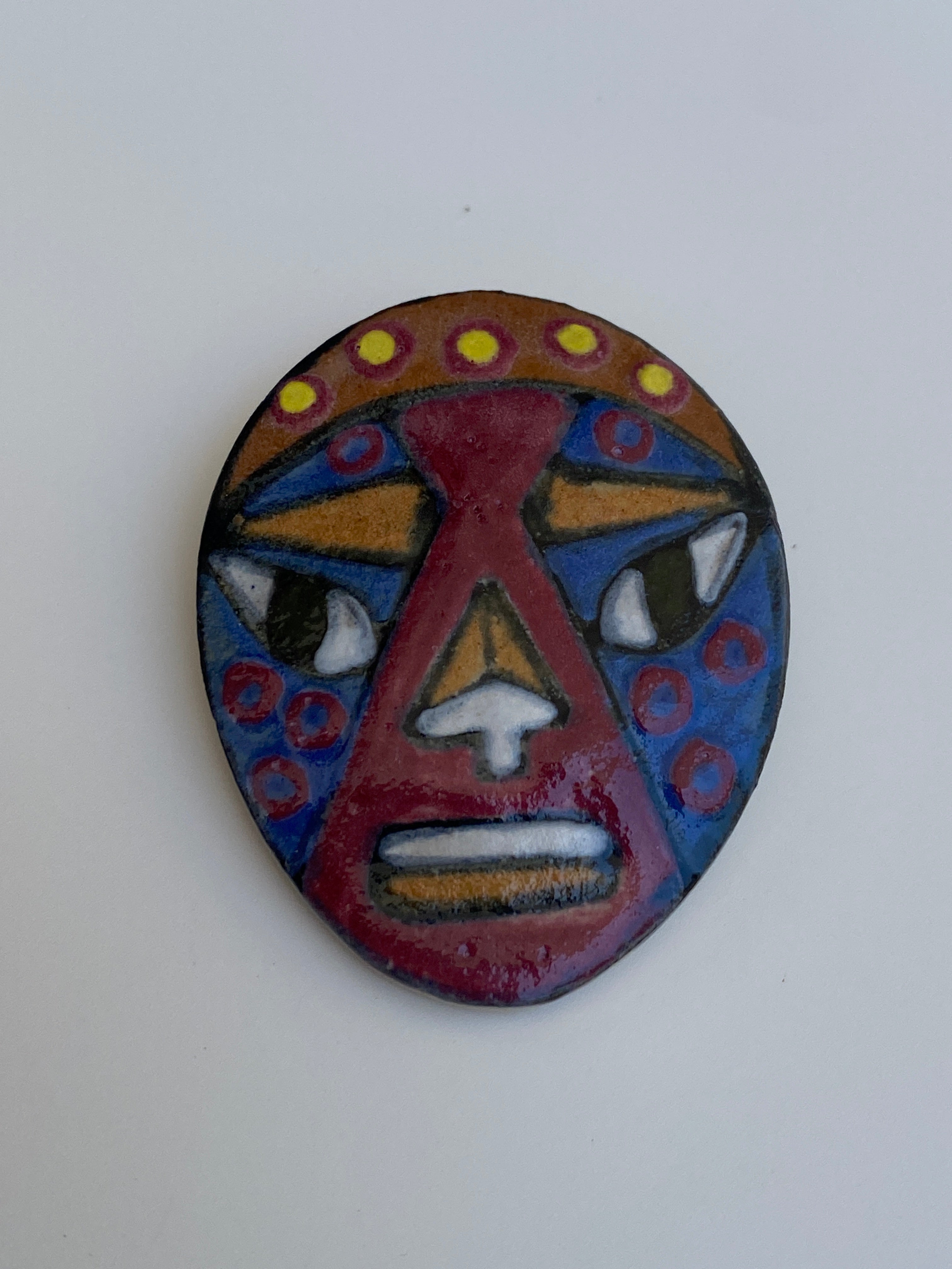 Vintage Hand-Painted Ceramic Tribal Face Brooch by MV Blake
