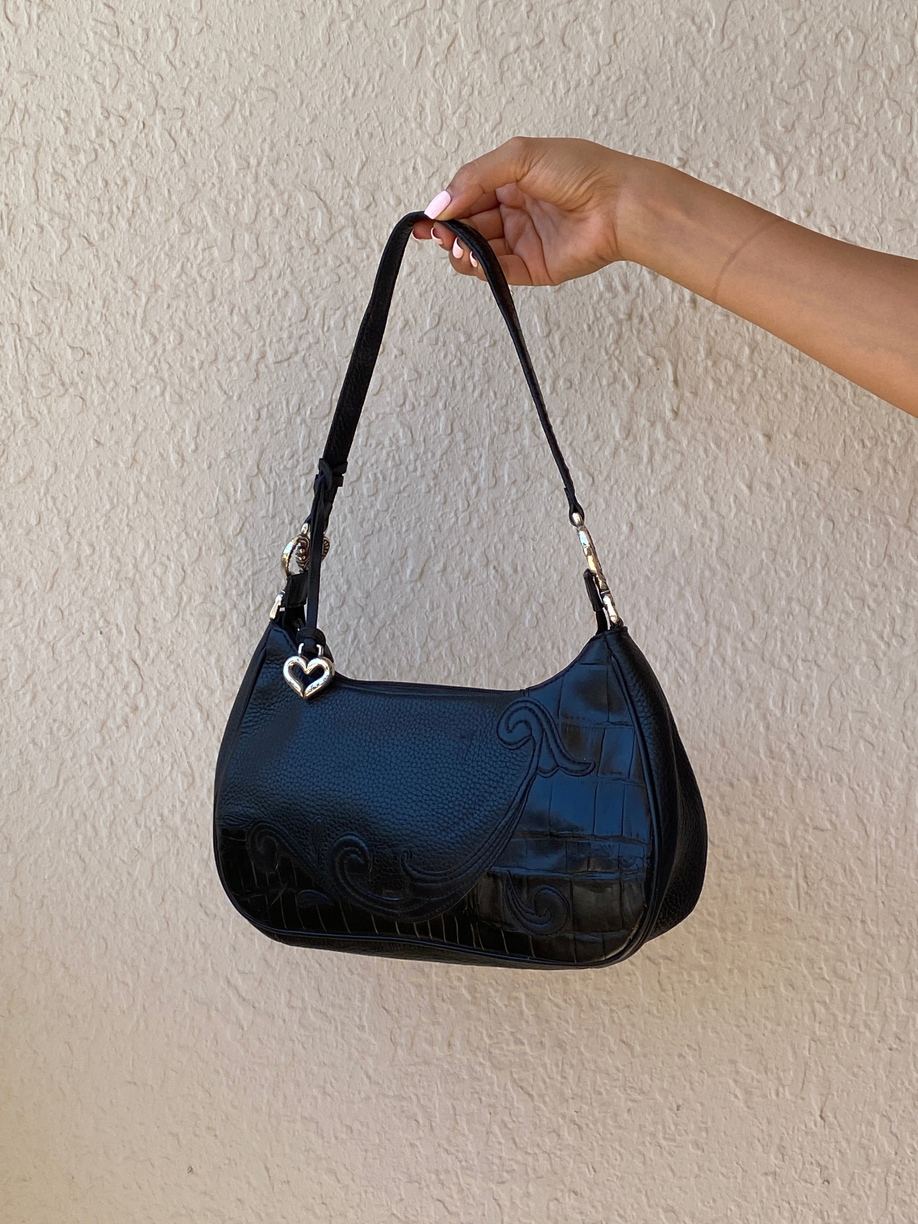 Vintage Y2K Brighton Black Genuine Leather Whimsigoth Shoulder Bag with Heart Charm