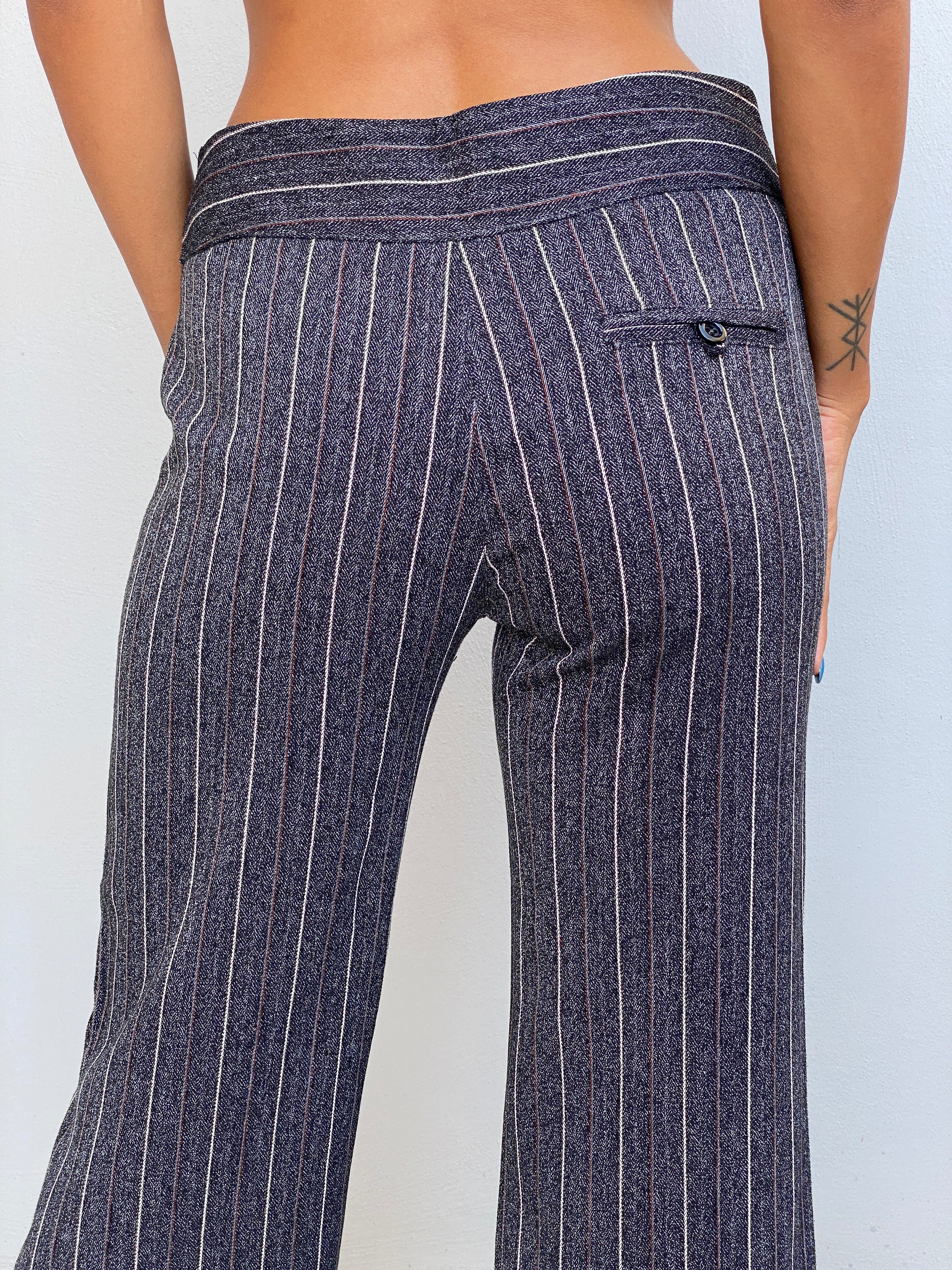 Vintage Y2K Grey Pinstripe Cropped Wide Leg Trousers Low Rise Office Siren Pants - S