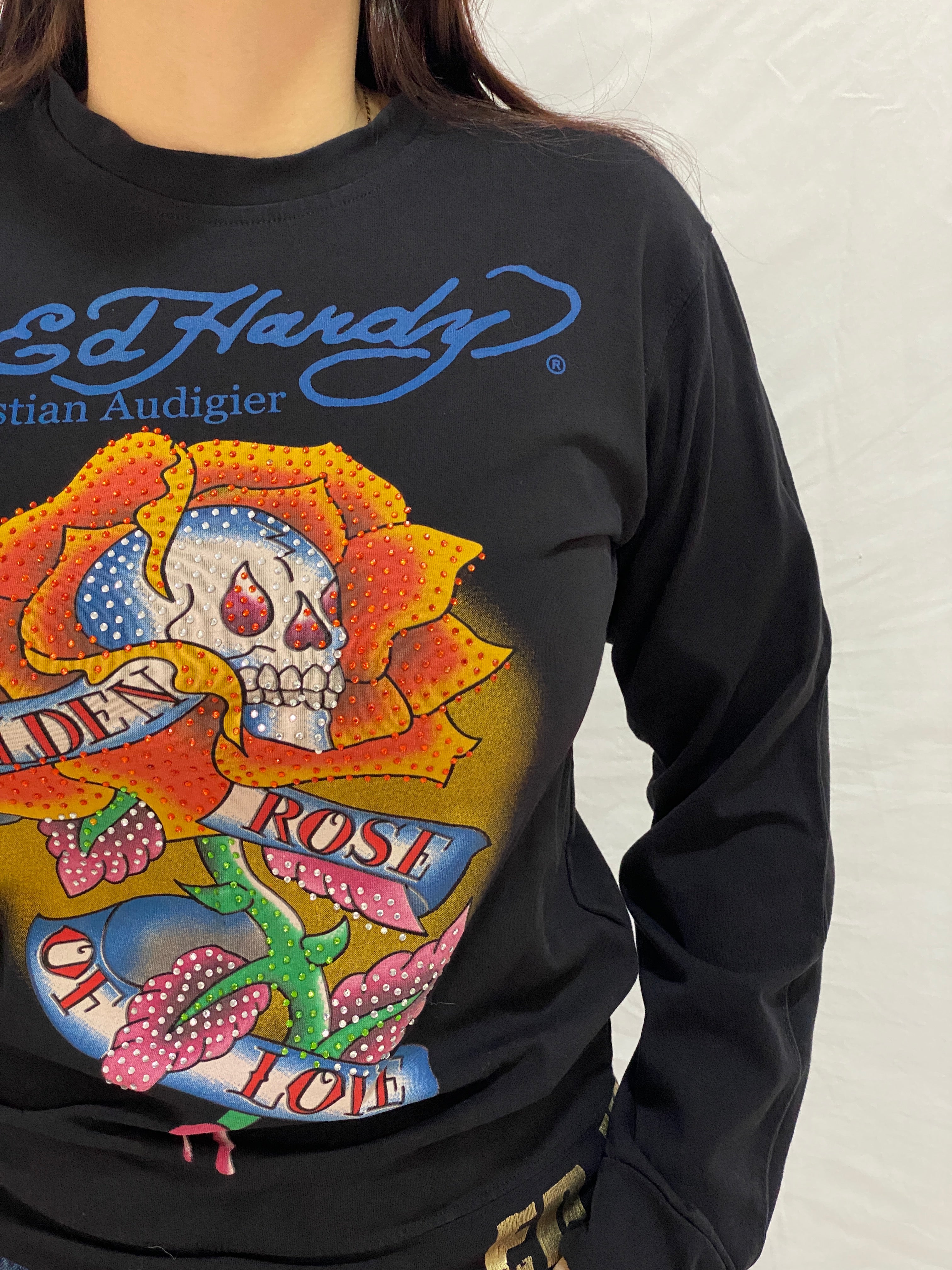 Vintage Ed Hardy Golden Rose Skull Graphic Long Sleeve Top by Christian Audigier - M