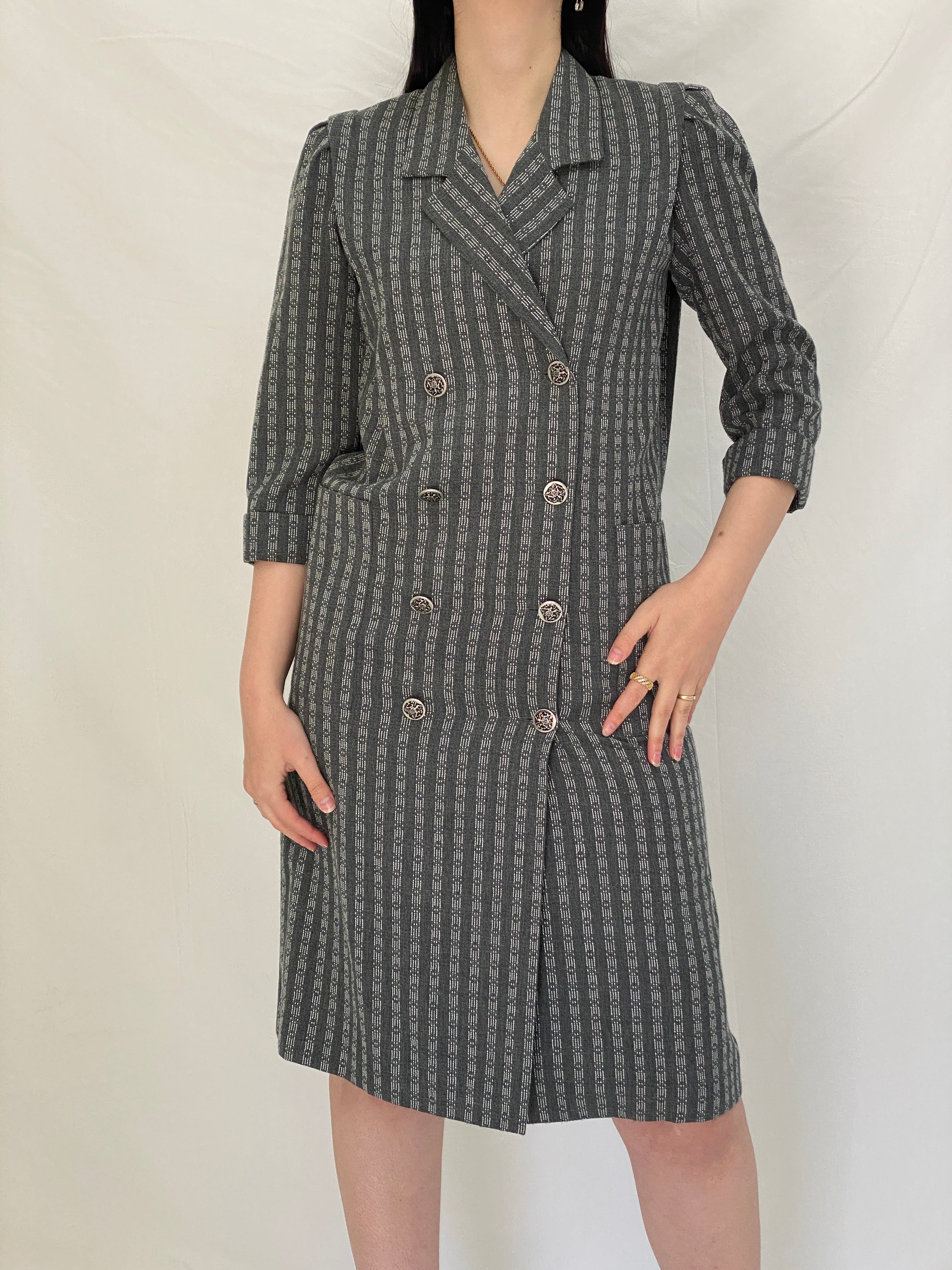 Vintage Leslie Fay Petites Gray Textured Double Breasted Blazer Dress - S
