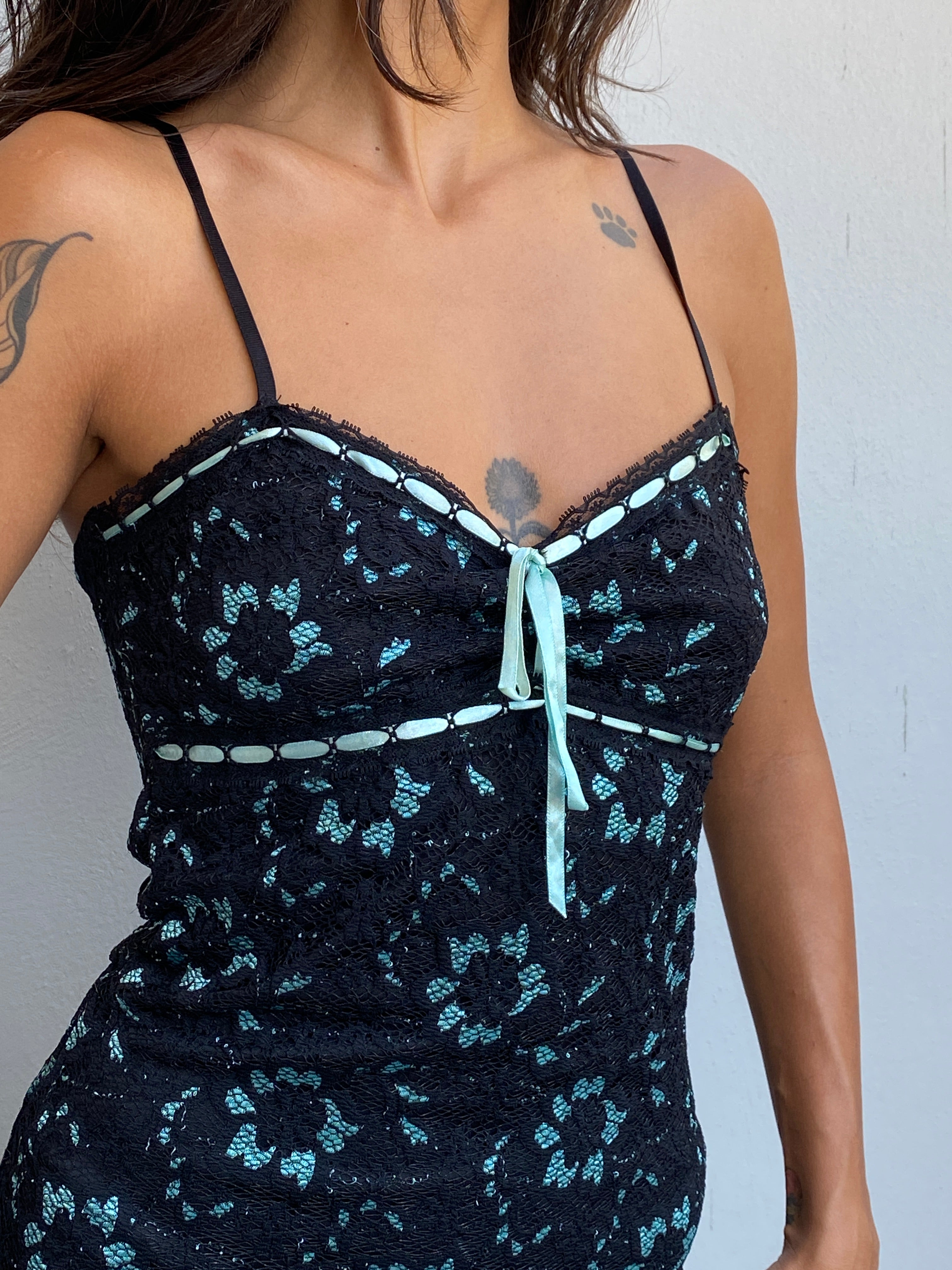 Vintage Y2K Cécilia Paris Black Lace & Aqua Floral Asymmetric Midi Dress - XS