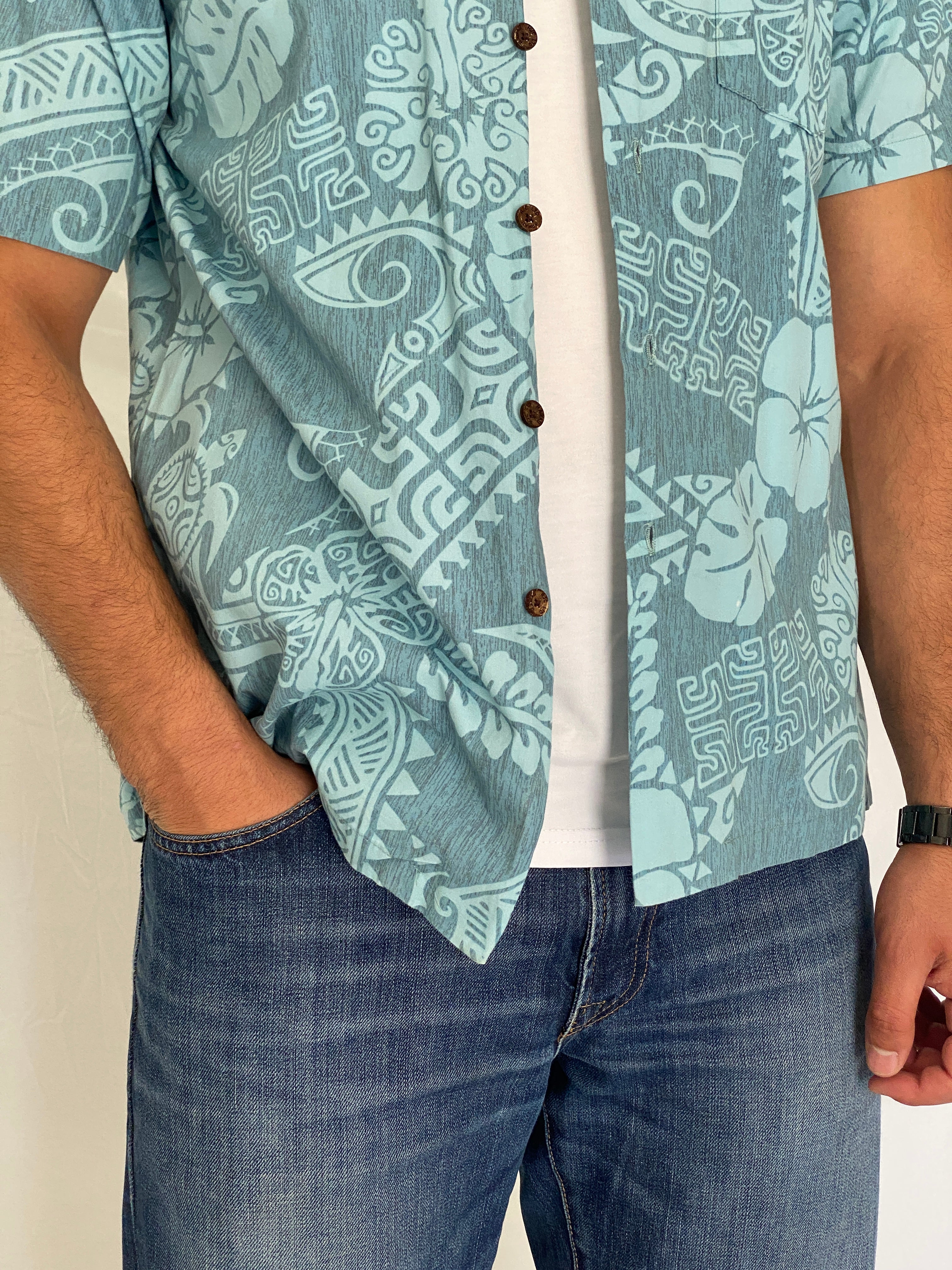 Vintage RJC Hawaiian Blue Cotton Aloha Tropical Tribal Camp Shirt – L
