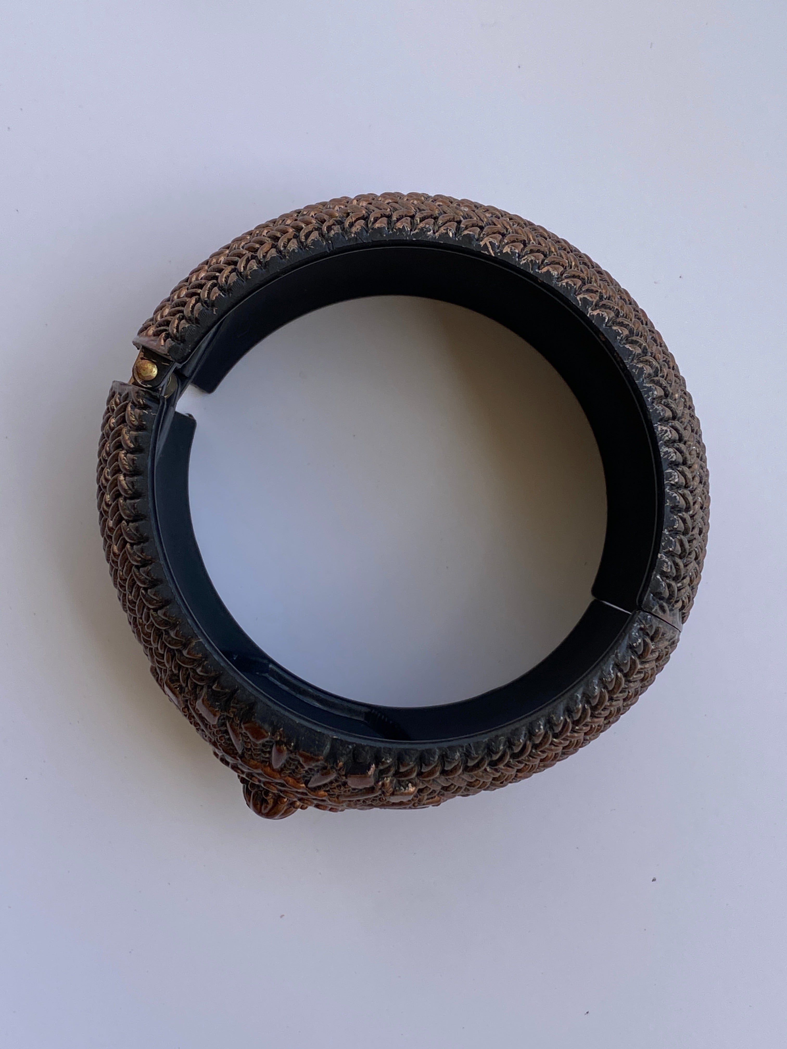 Vintage Copper Tone Embossed Lightweight Hinged Statement Cuff Bracelet