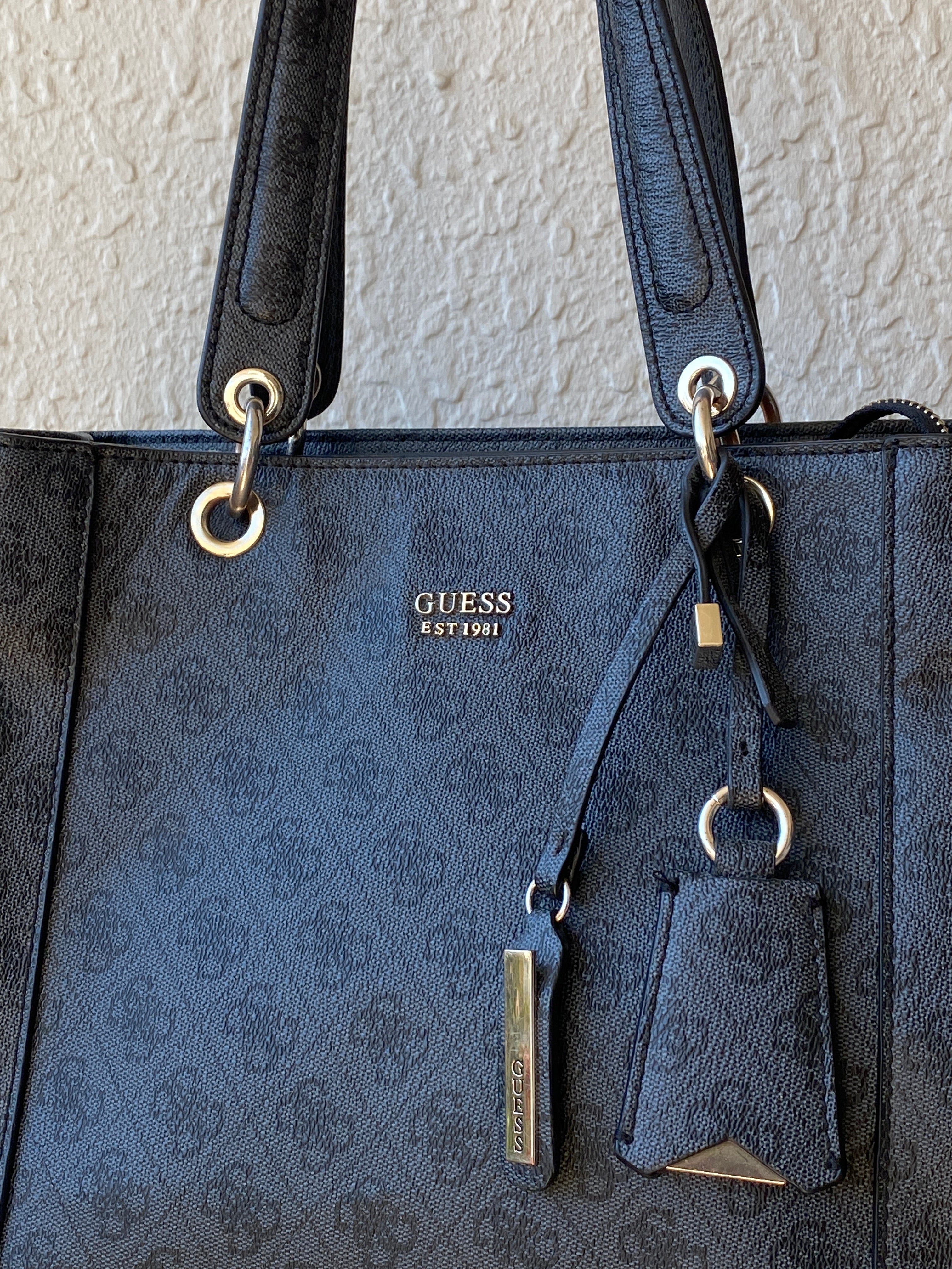 Vintage Y2K GUESS Black Monogram Logo Structured Tote Shoulder Bag