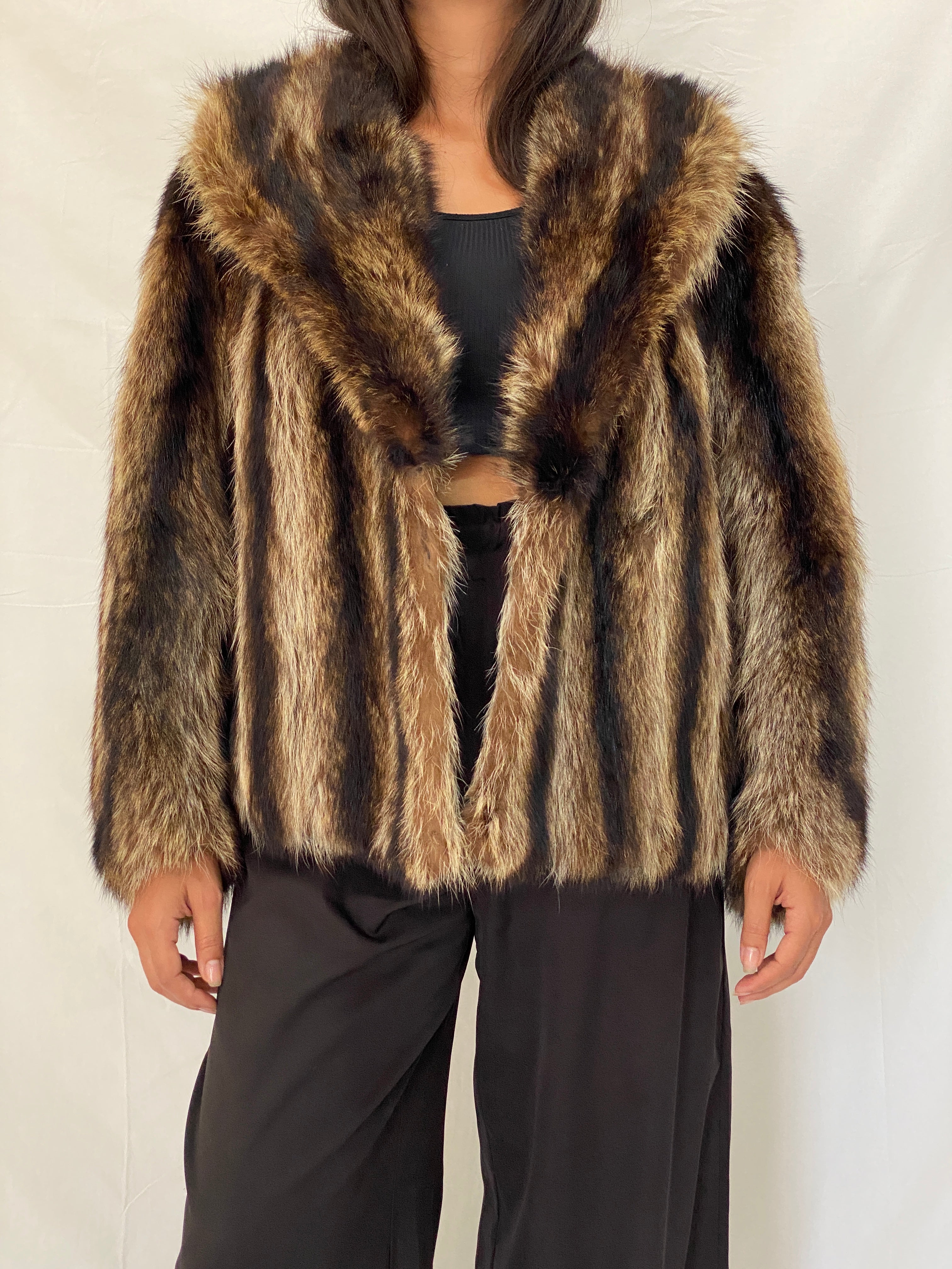 Vintage Striped Brown & Black Real Fur Coat - 70s Glam Winter Statement Jacket - M/L