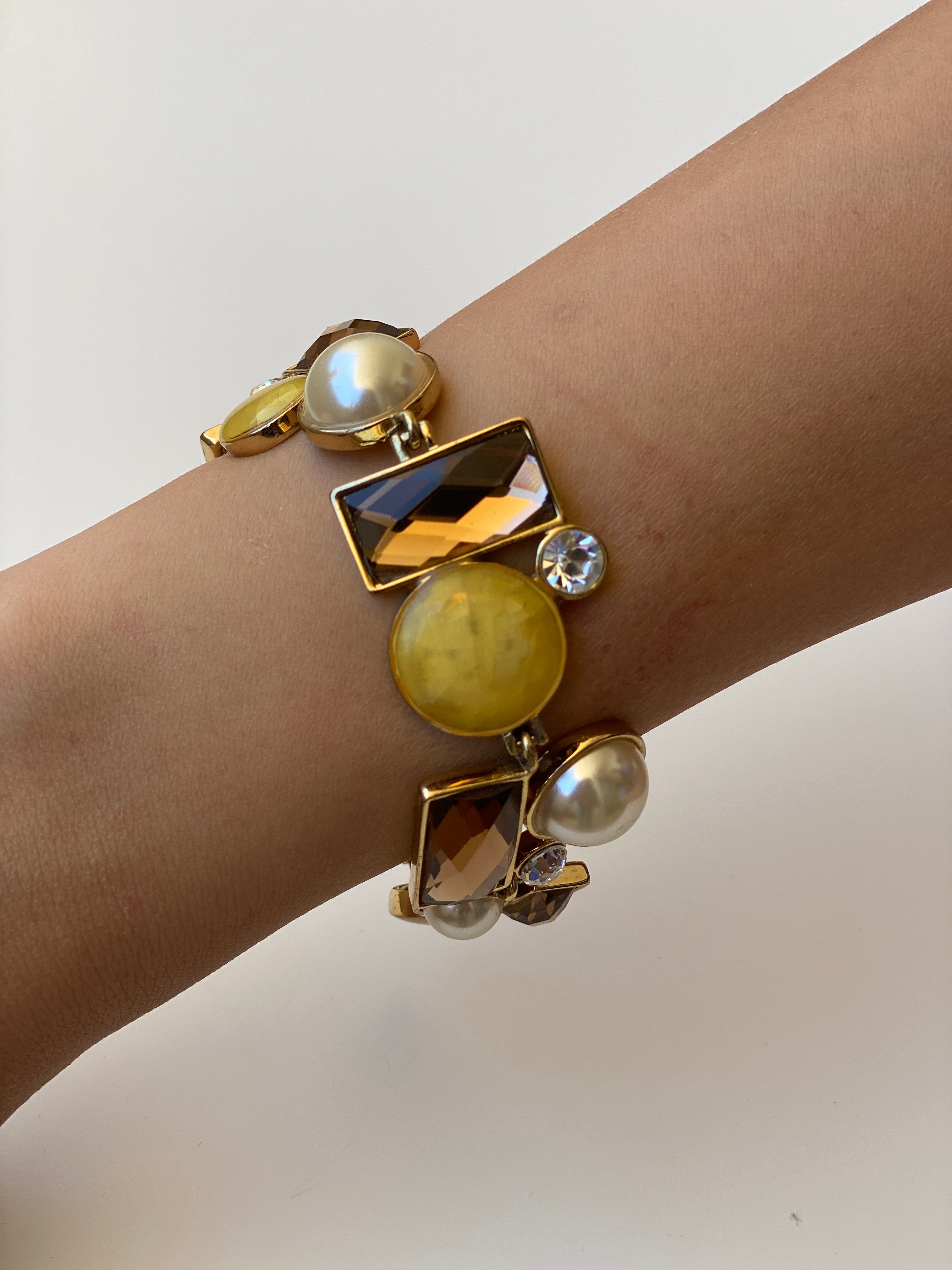 Viannois Geometric Pearl & Crystal Gold Tone Statement Link Bracelet