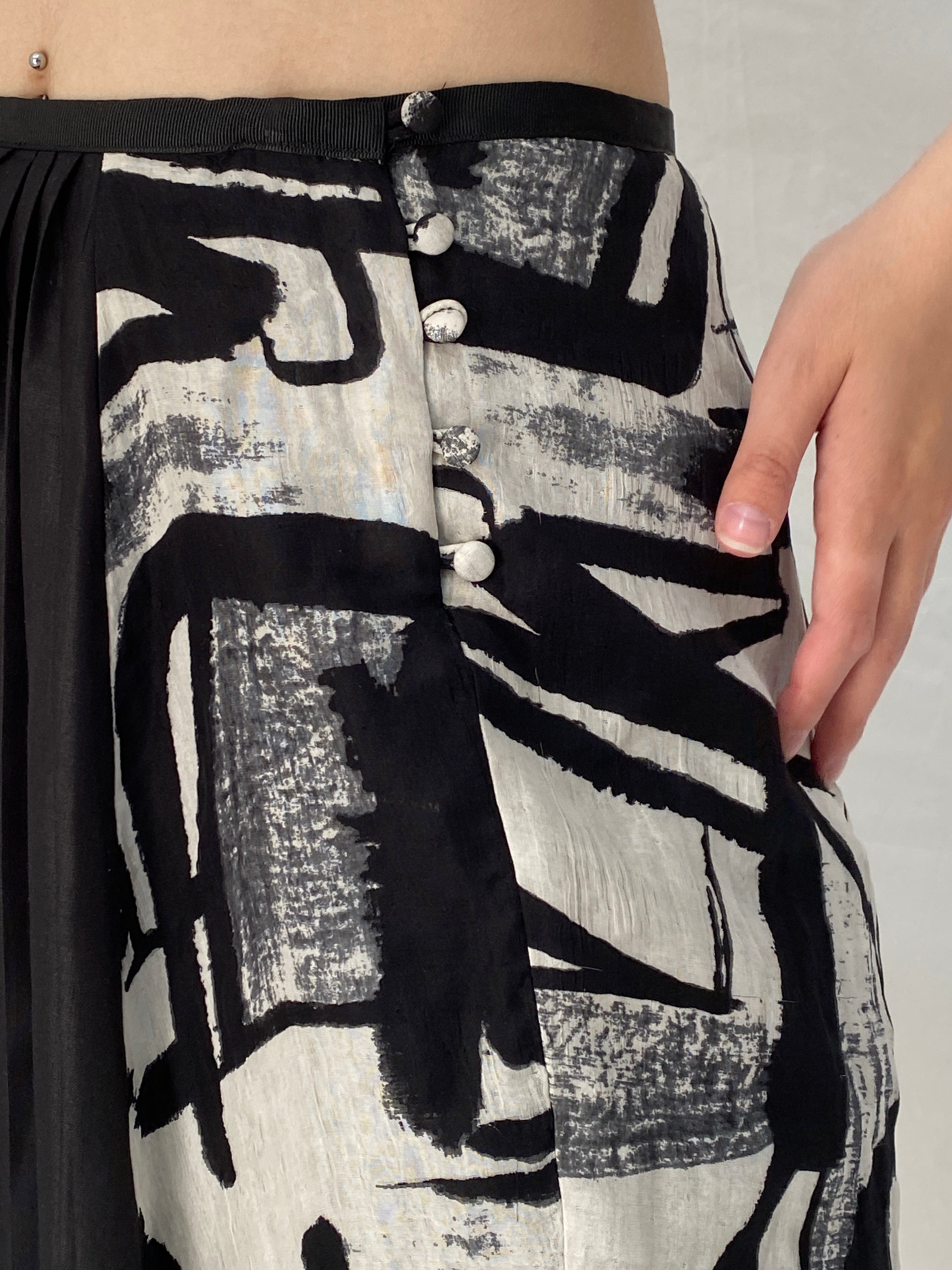 MNG Limited Edition Abstract Silk Cotton Blend Black & White Artsy Midi Skirt – S