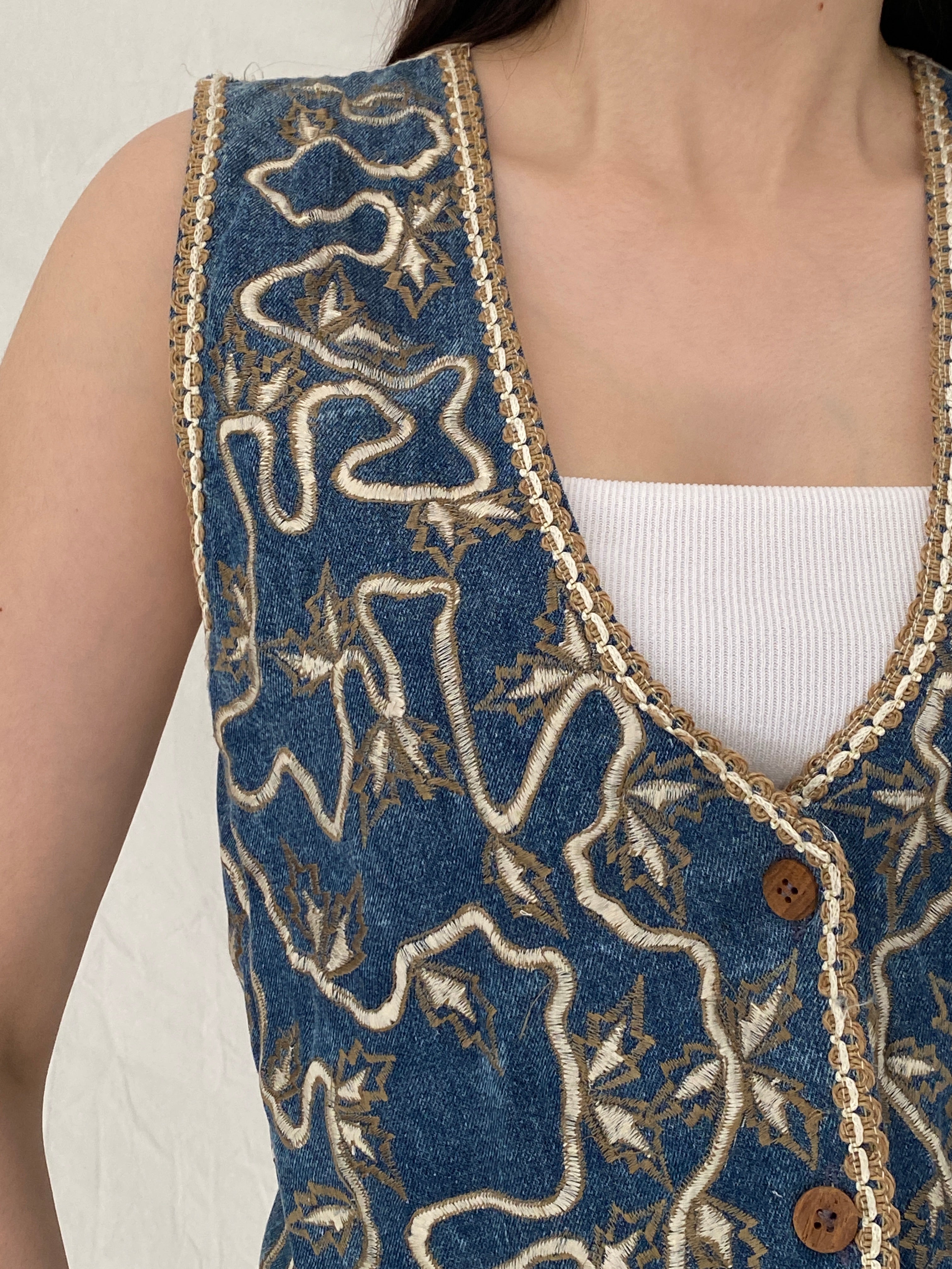 Vintage Agapo Embroidered Denim Vest Blue Cotton Boho Tie Back Waistcoat - M