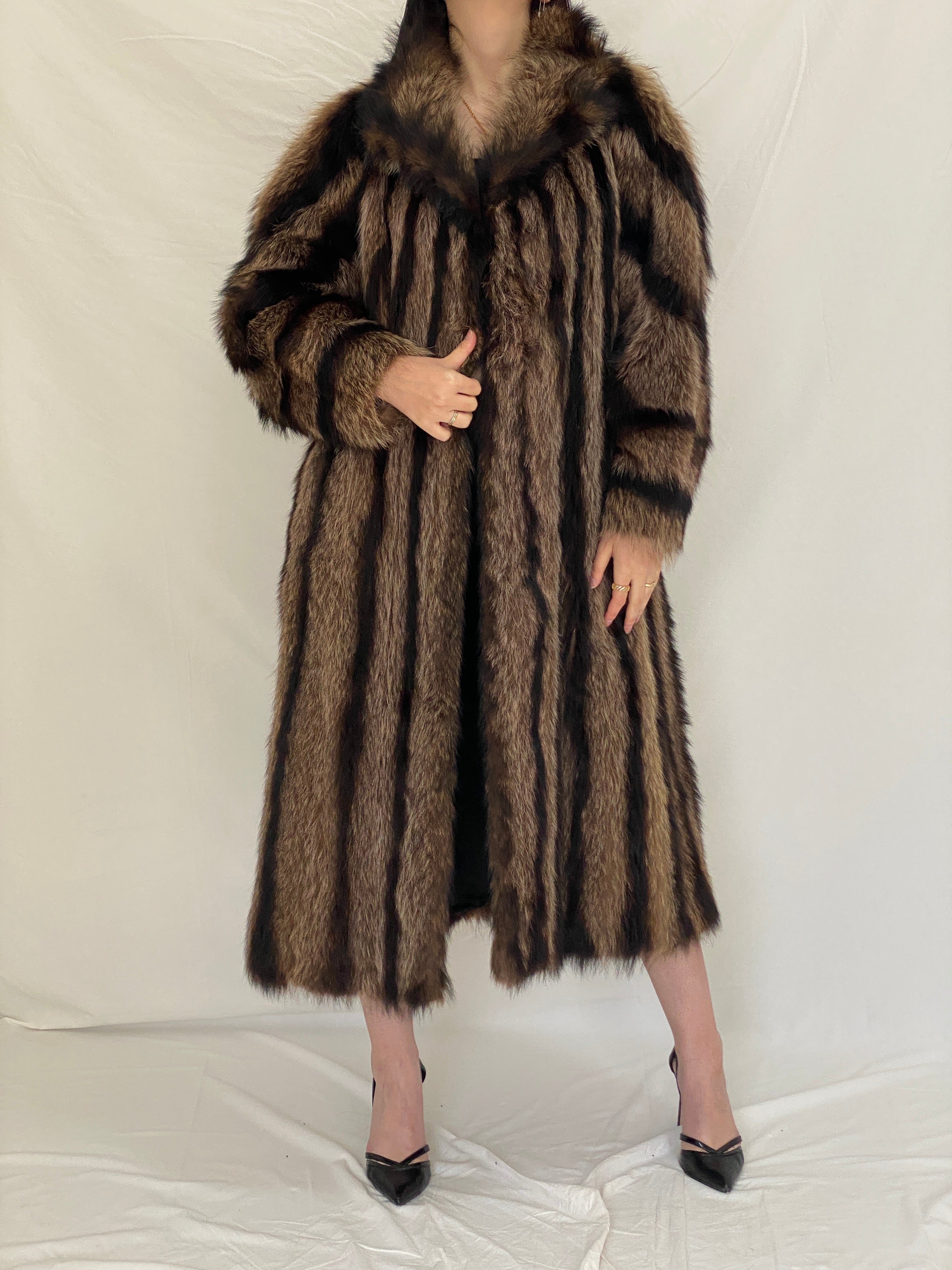 Vintage Handmade Real Raccoon Fur Brown Long Coat Luxury Statement Coat - L