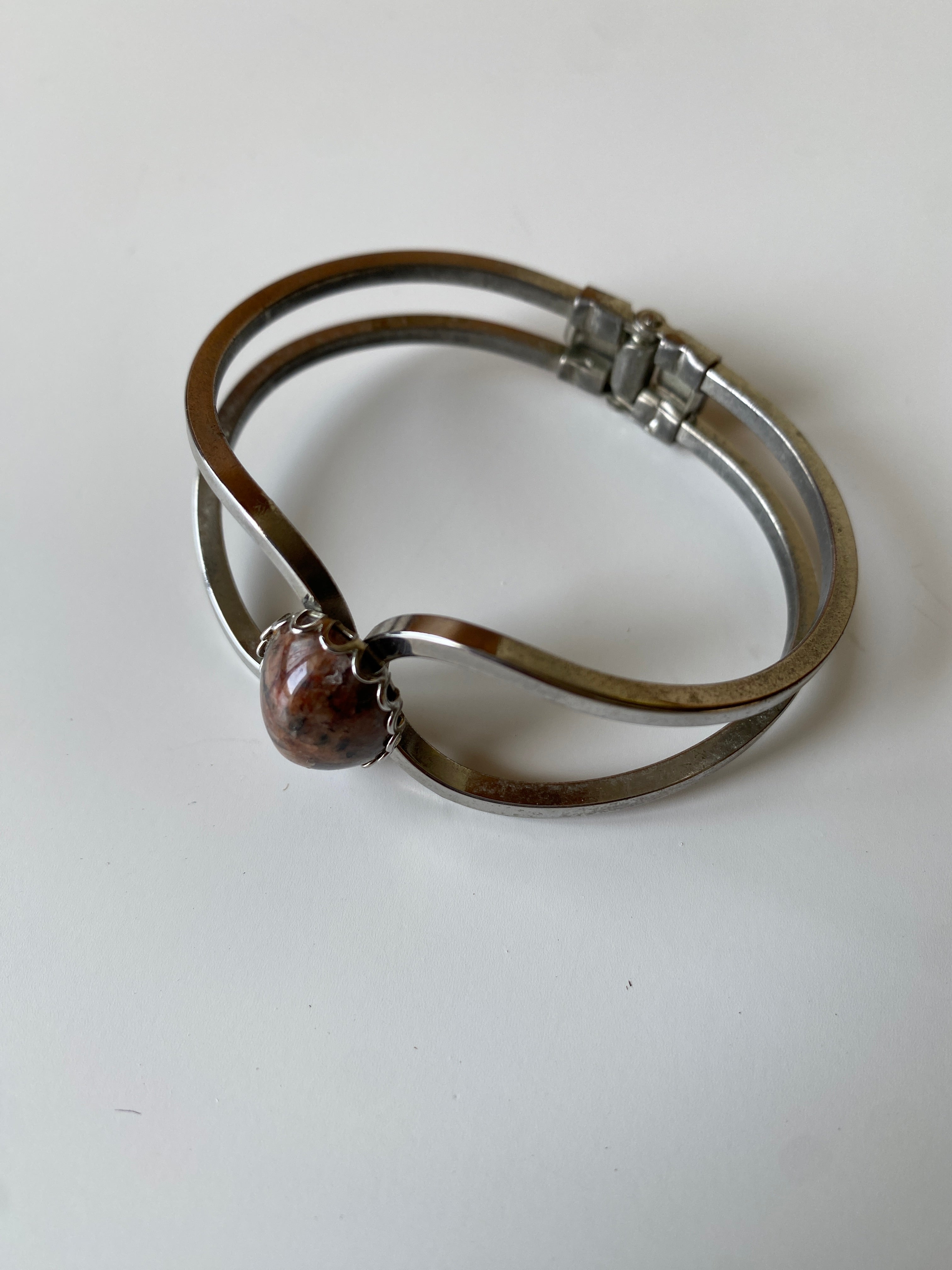 Vintage Silver-Tone Hinged Cuff Bracelet with Natural Stone Cabochon