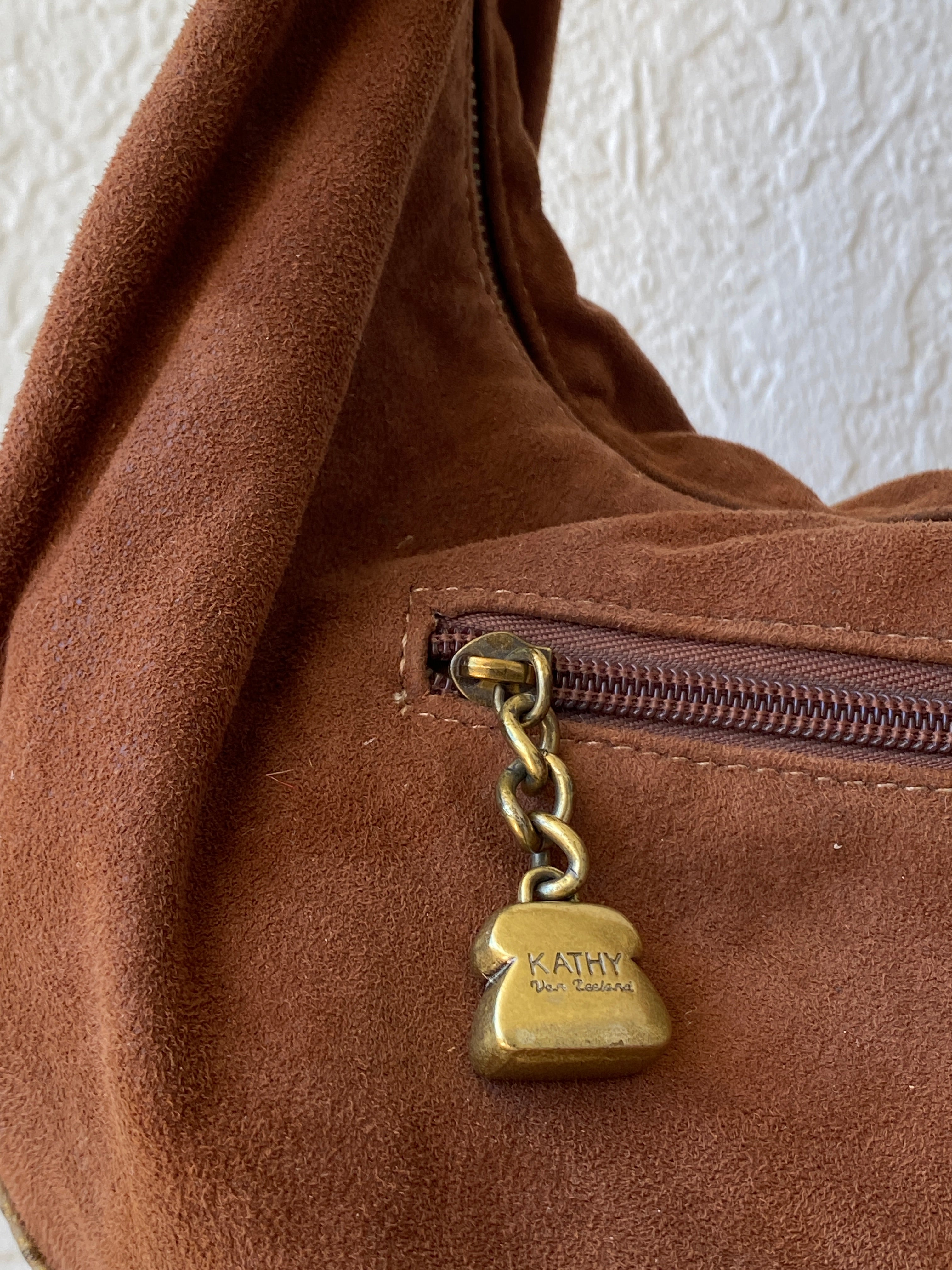 Gorgeous Kathy Van Zeeland Brown Vegan Suede Gold Faux Leather Trim Western Boho Shoulder Bag