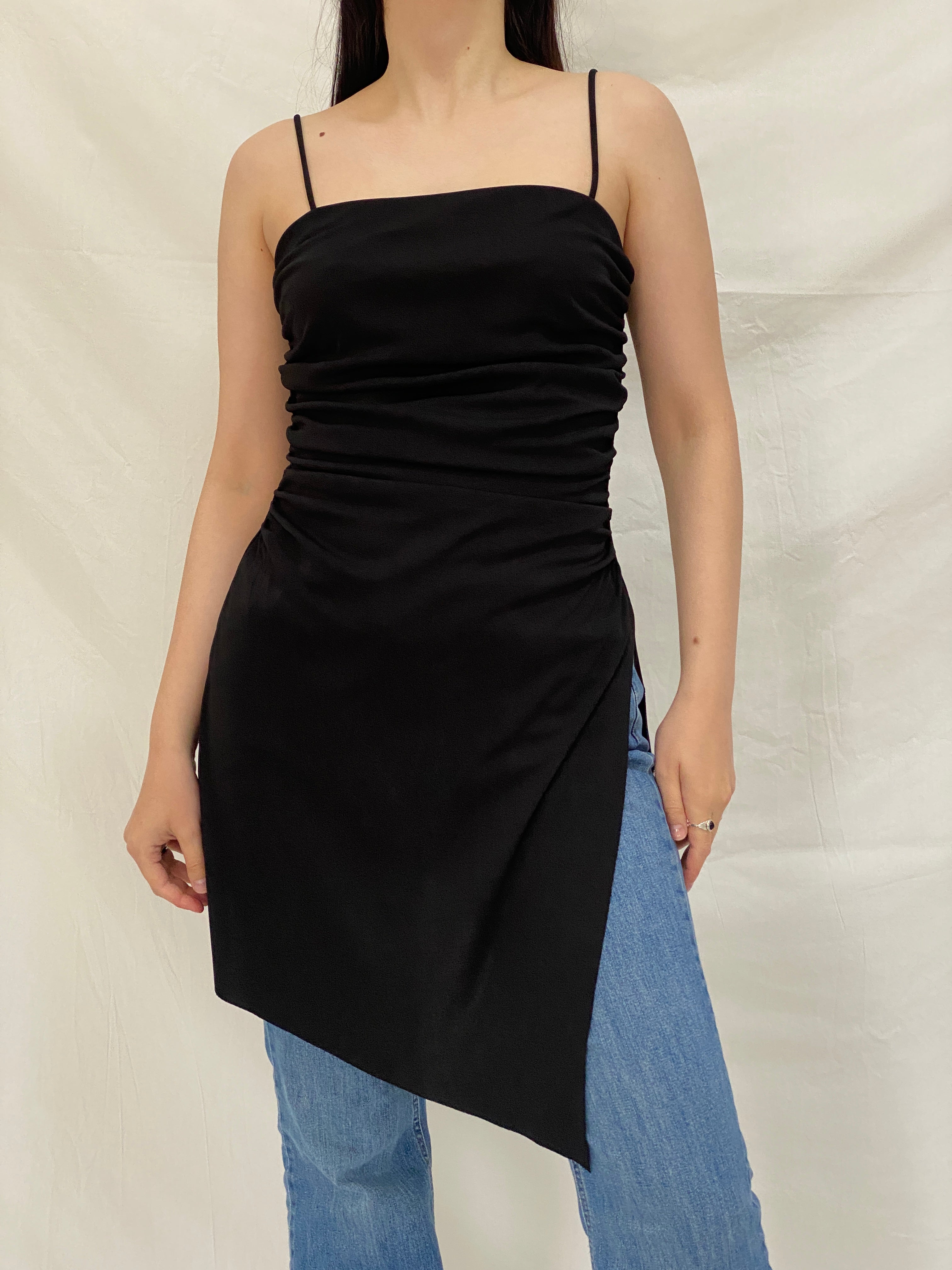 Vintage Y2K A-list Black Asymmetric Ruched Cami Stretch Minimalist Top - M
