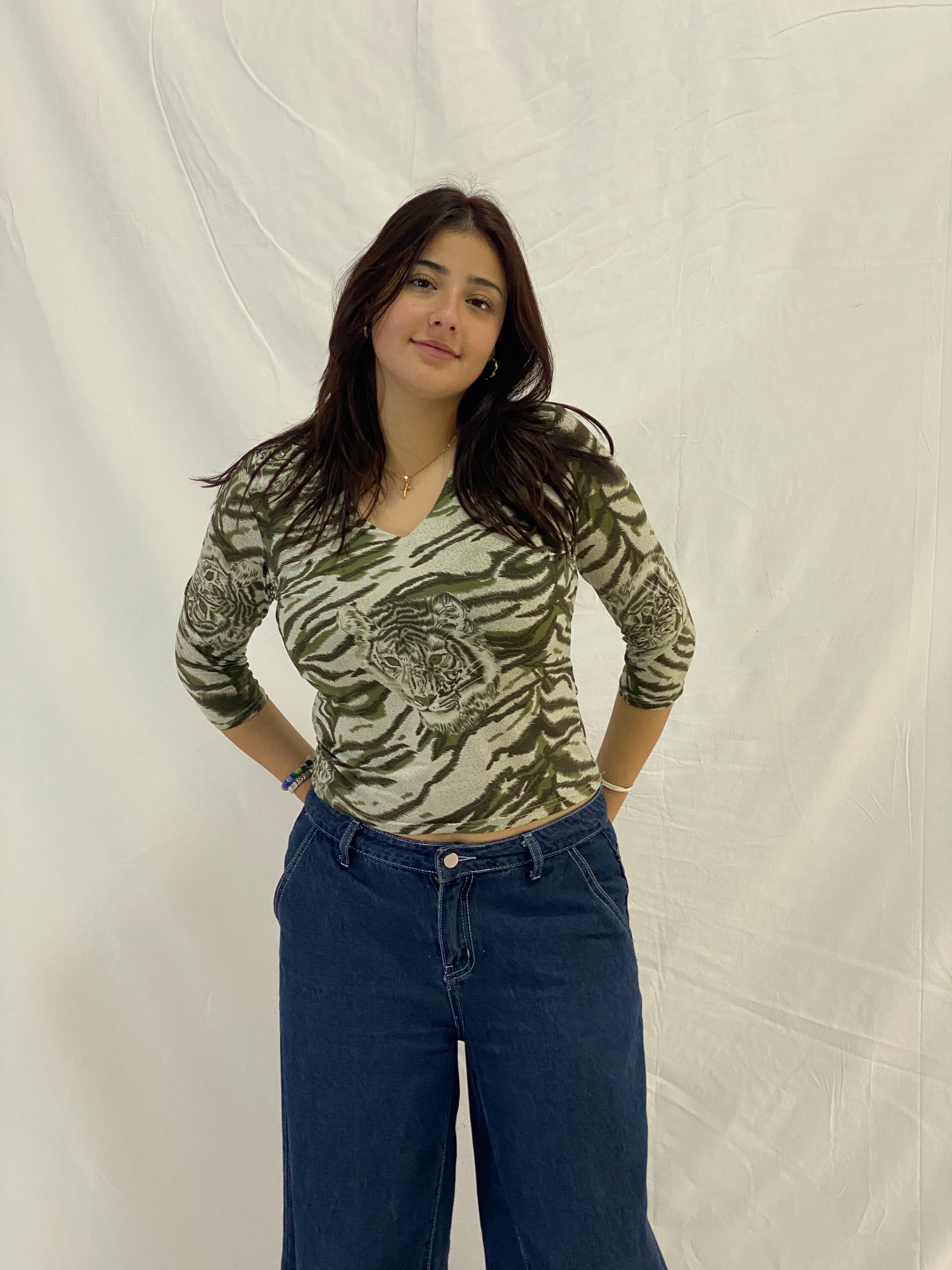 Vintage Green Tiger Print V-Neck Fitted 3/4 Sleeve Top - M