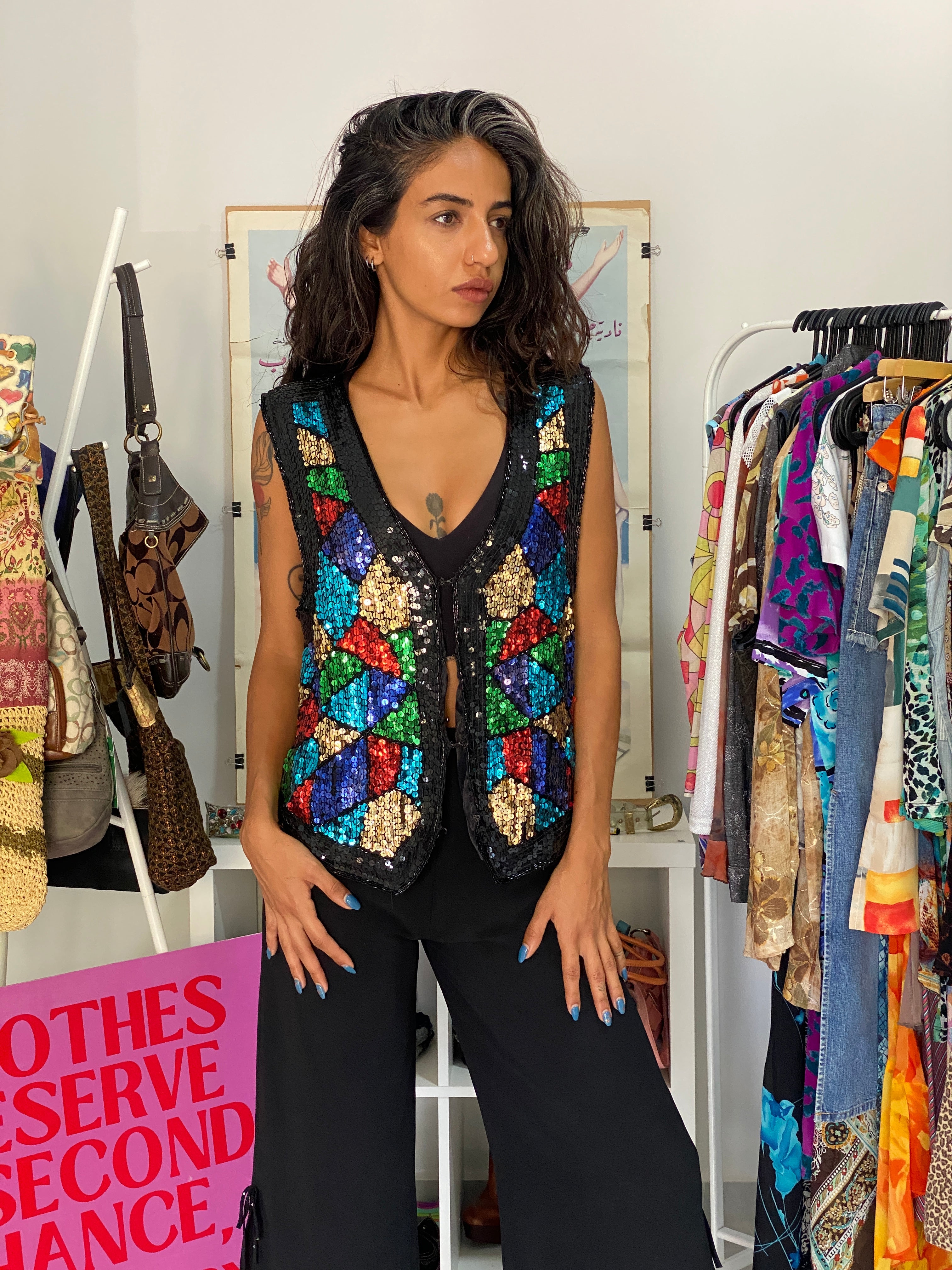 Vintage 80s AJ Bari Black Multicolor Silk Sequin Statement Vest - L