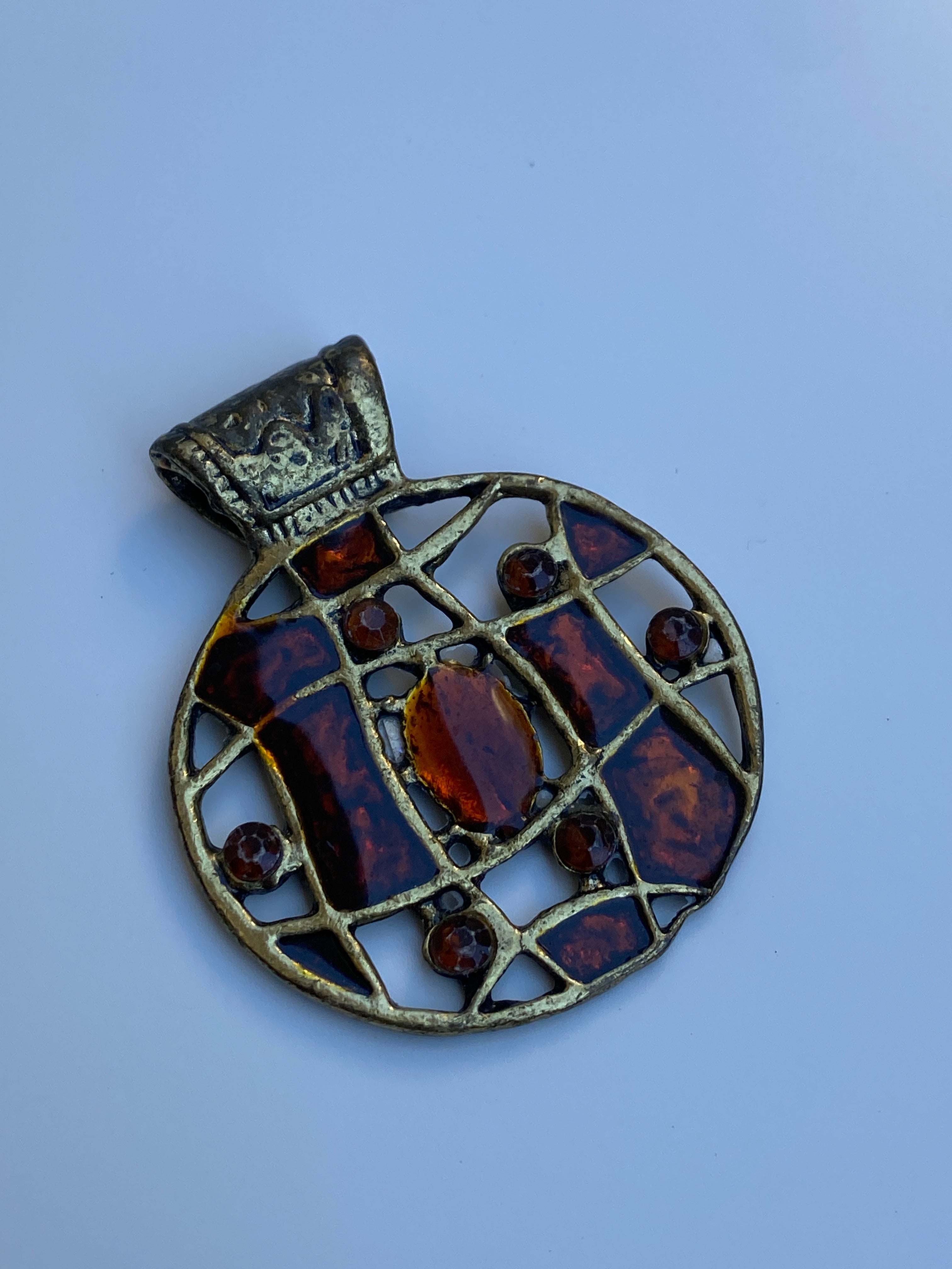 Vintage Brutalist Amber Glass Mosaic Artisan Round Pendant