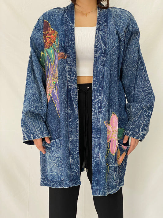Vintage Christie California Hand Painted Denim Duster 80s Acid Wash Kimono Coat - 2XL