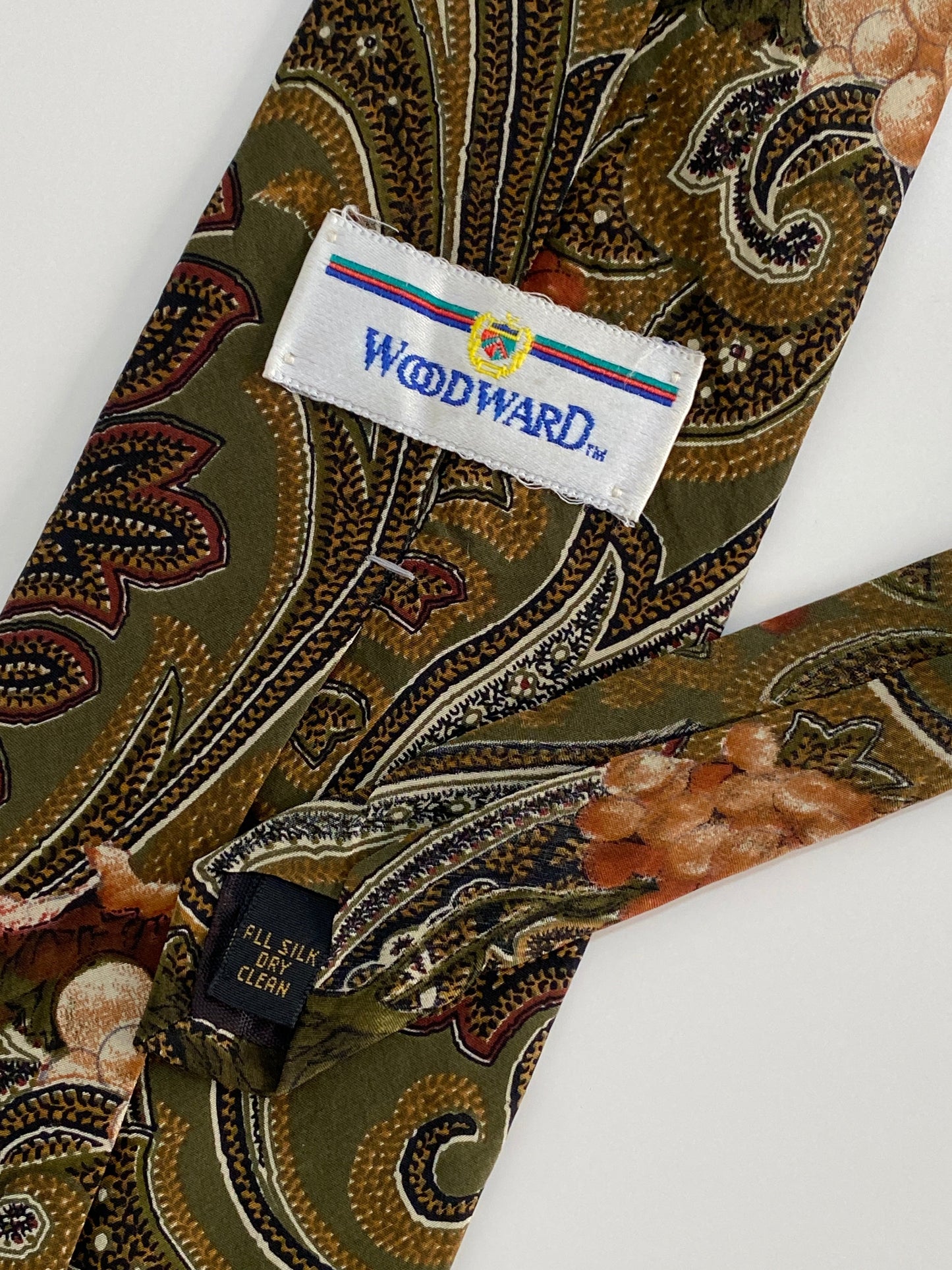 Vintage Retro Statement Woodward Silk Tie - Olive Green Paisley & Grapes Print