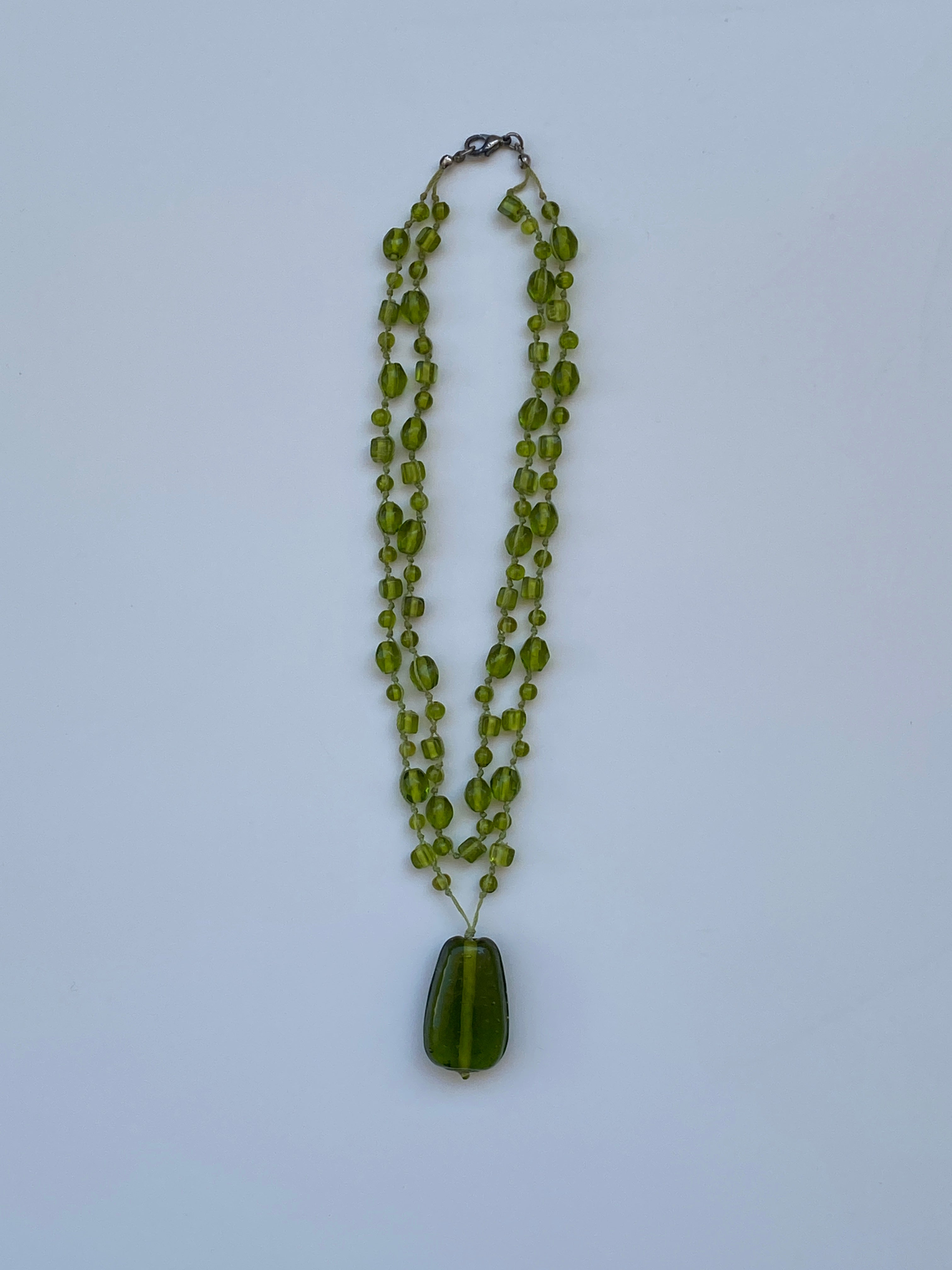Vintage Green Glass Bead Double Strand Necklace with Statement Pendant Y2K Boho Jewelry