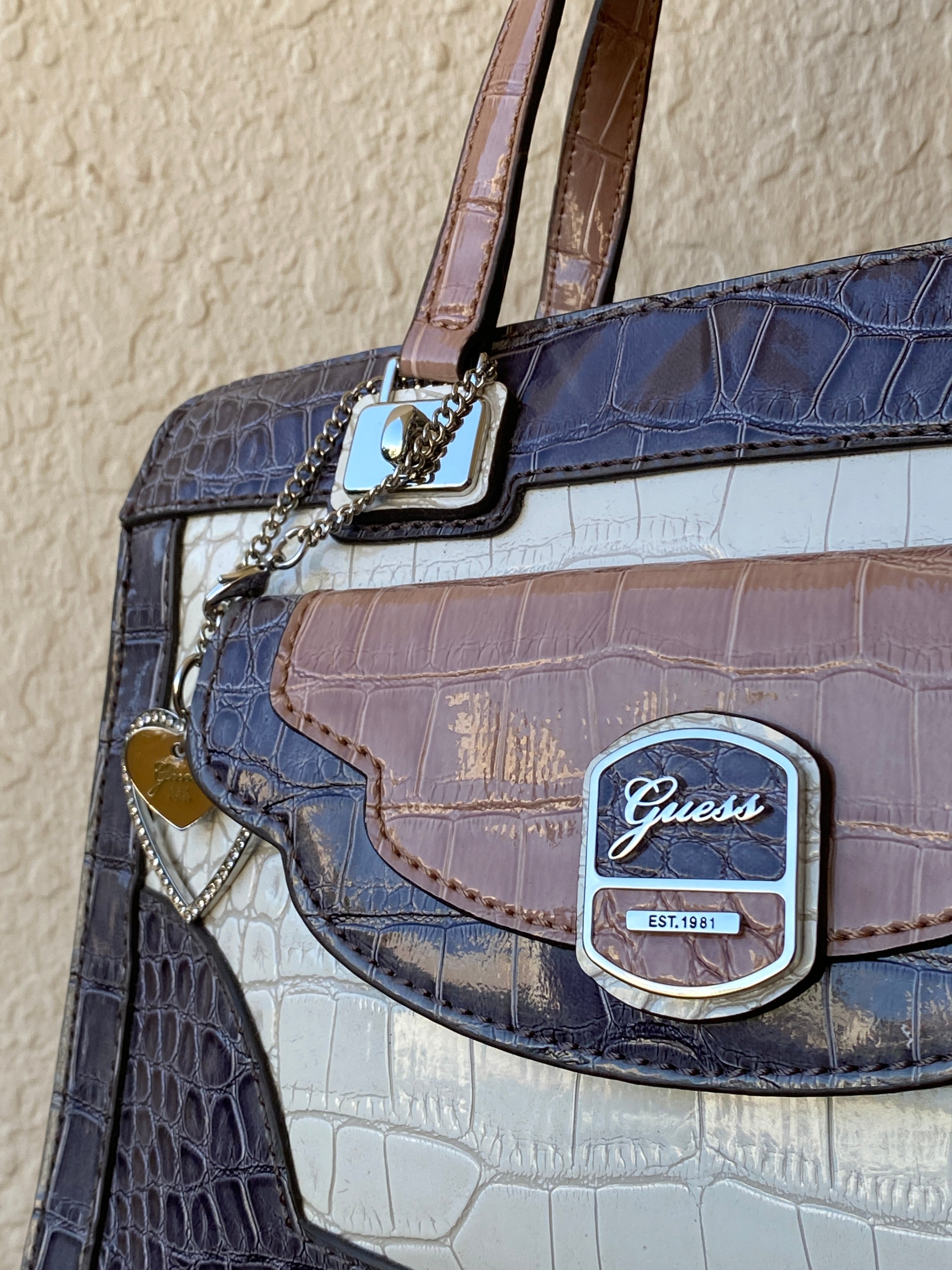GUESS Croc-Embossed Tri-Color Satchel Handbag with Crossbody Strap