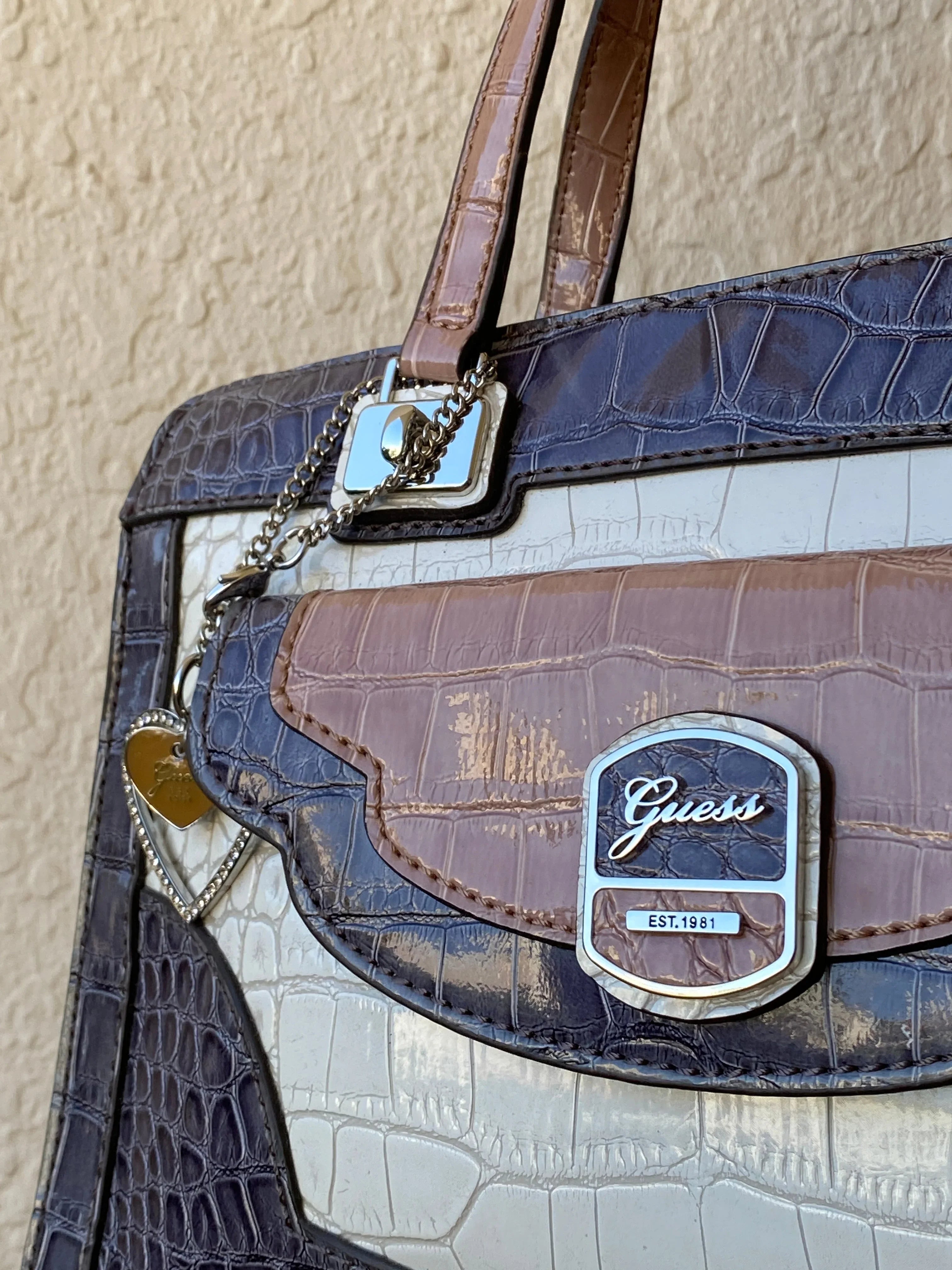 GUESS Croc-Embossed Tri-Color Satchel Handbag with Crossbody Strap