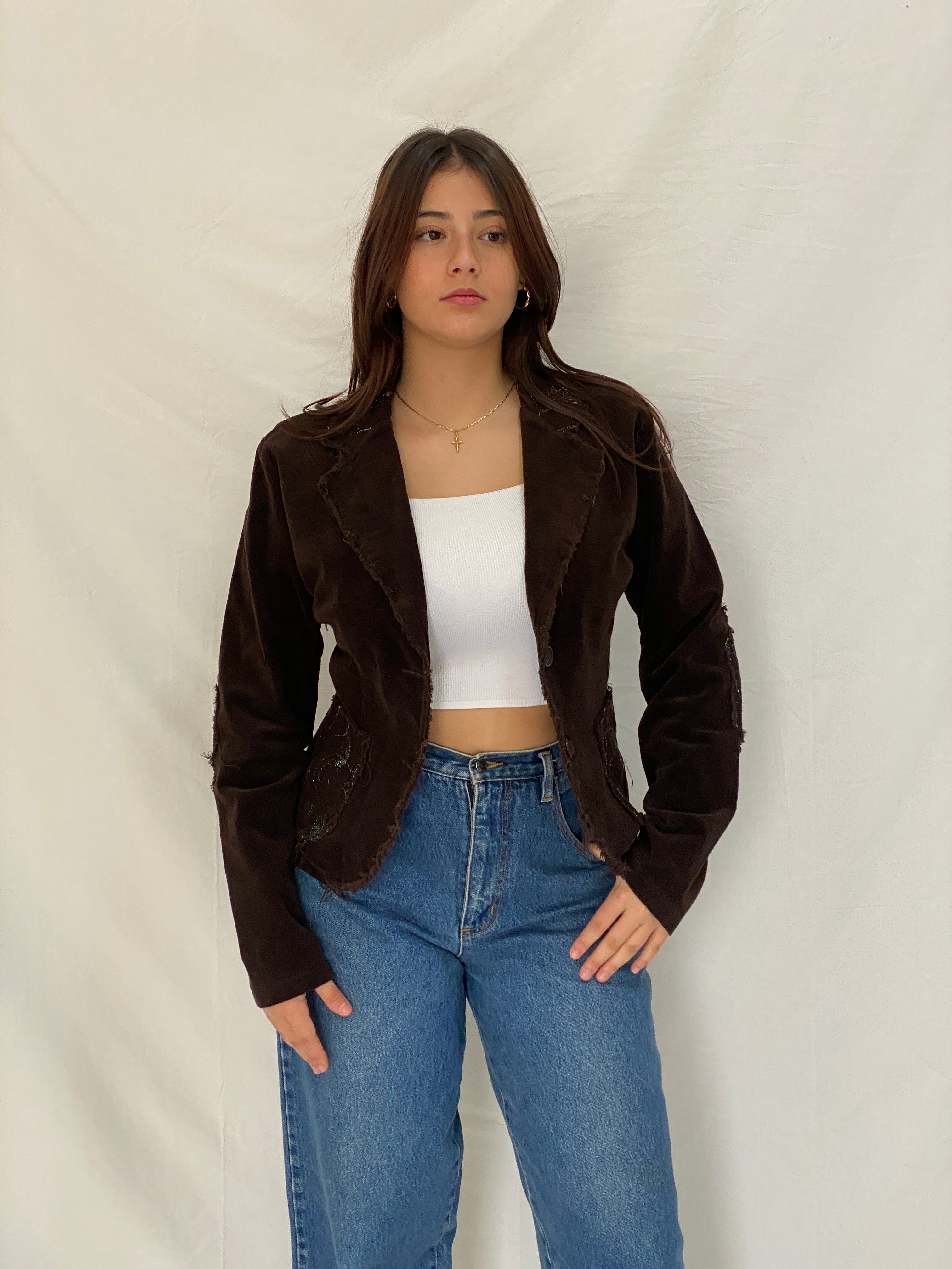 Vintage Y2K Italian Corduroy Blazer Chocolate Distressed Raw Edge Embroidered Jacket - S