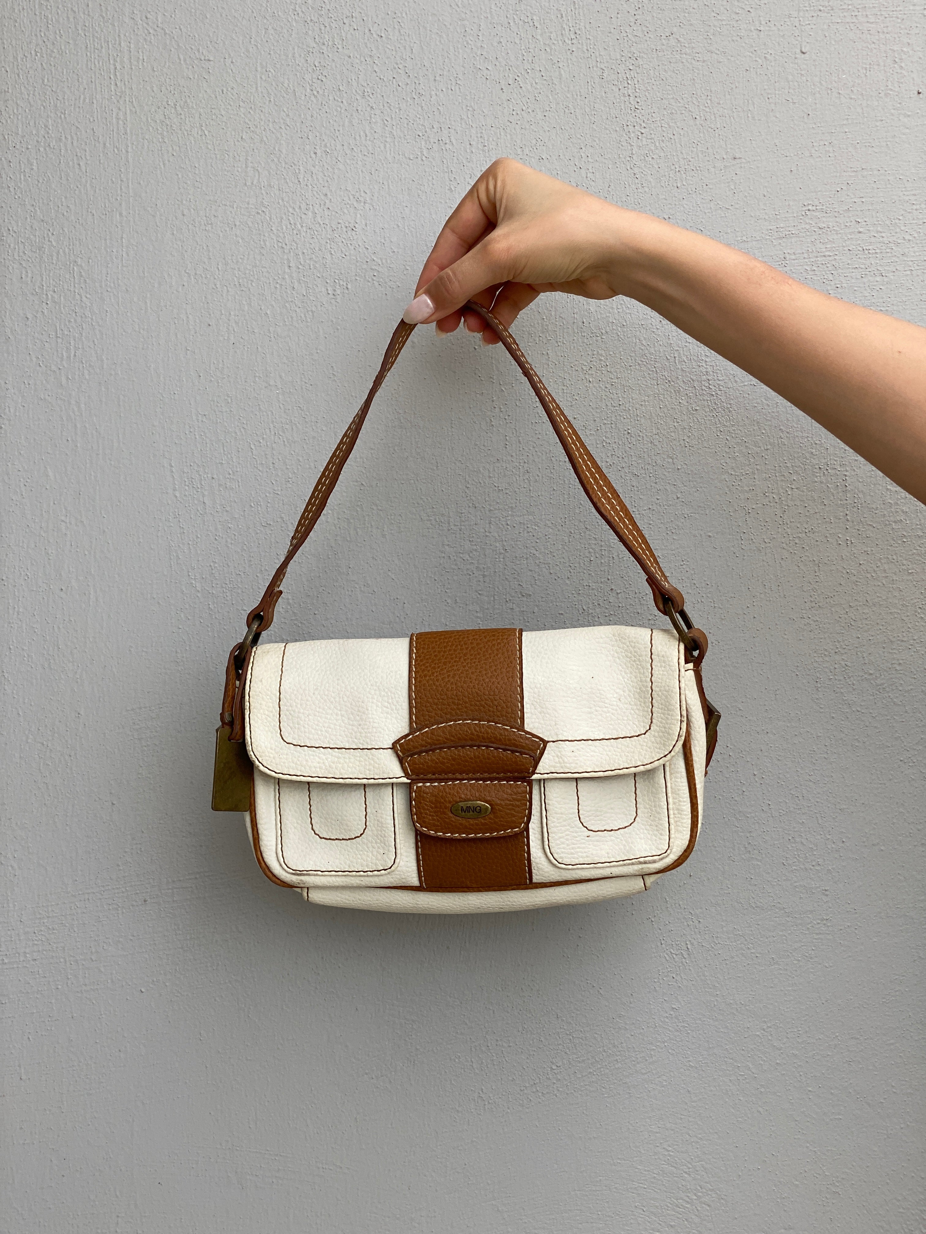 Vintage Y2K Mango Cream & Tan Leather Shoulder Bag Contrast Stitch Flap Mini Bag