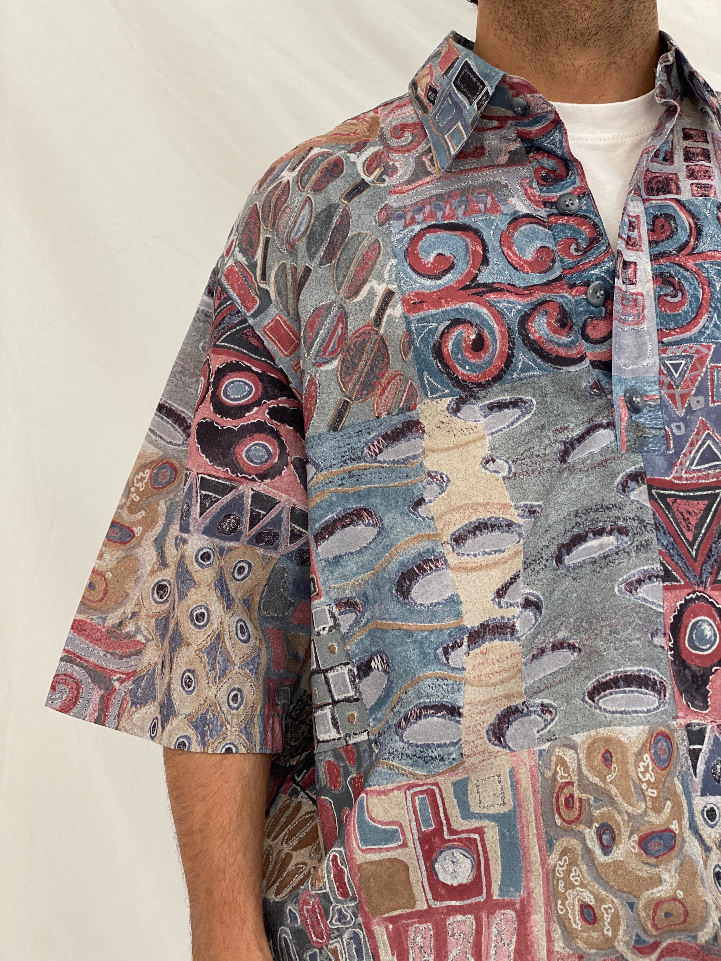 Vintage Fulton Street Shirtworks Abstract Print Elastic Hem Shirt – 2XL
