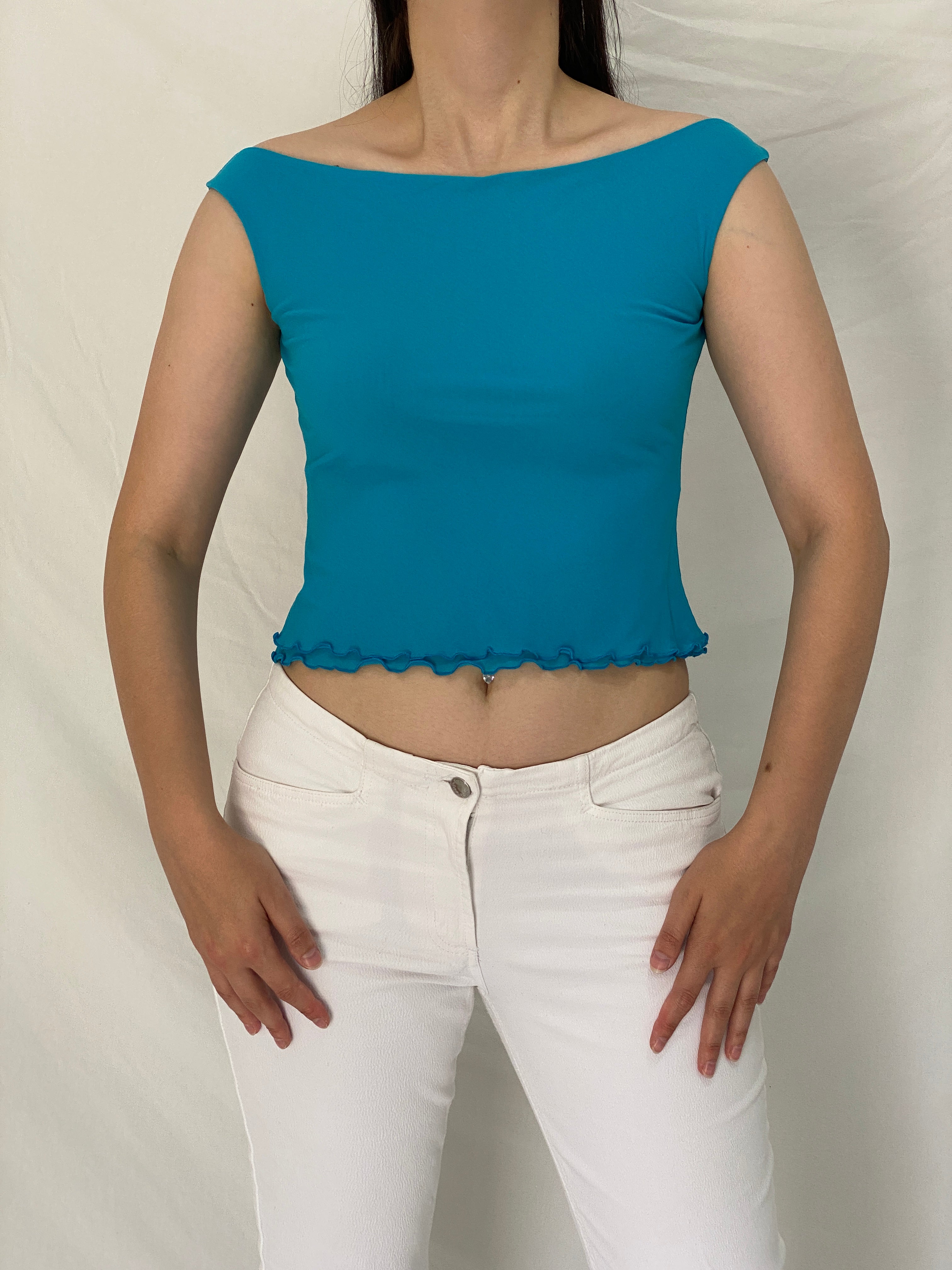 Vintage Y2K Vidrio Turquoise Blue Stretch Boat Neck Lettuce Hem Top - M