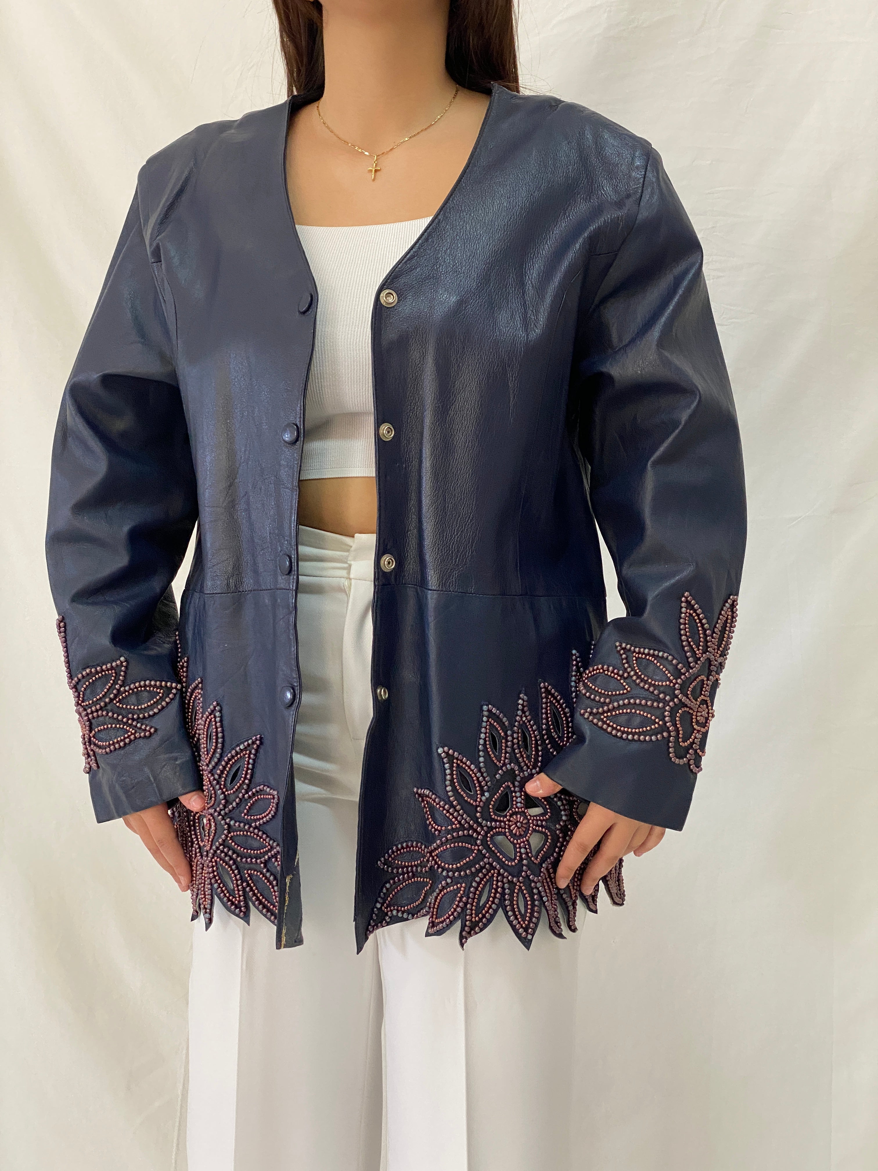 Vintage KOSHAR Genuine Leather Duster Coat Navy Beaded Cut-Out Floral Jacket - XL