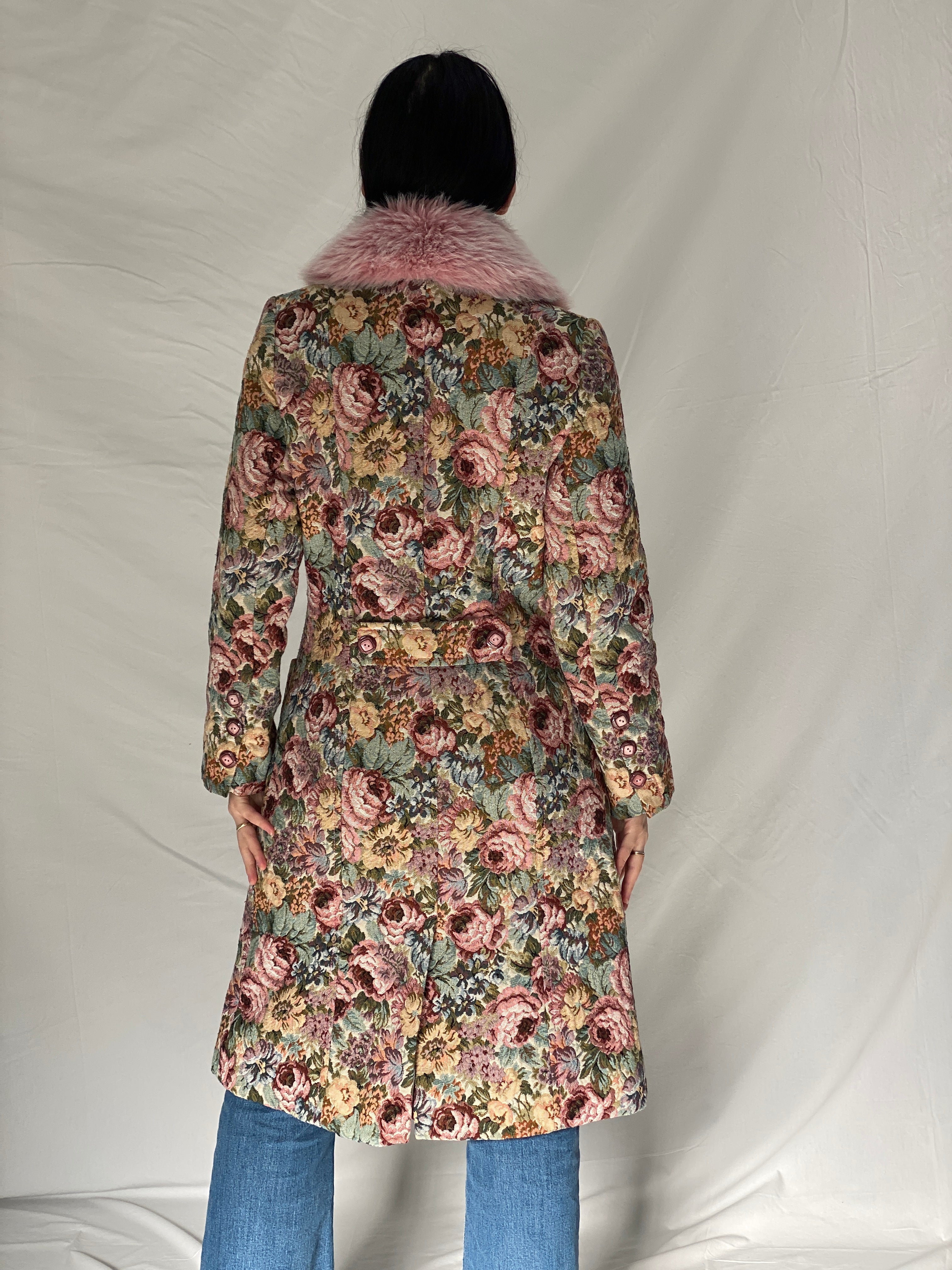 Vintage Statement Handmade Floral Tapestry Quilted Coat with Pink Faux Fur Collar - M