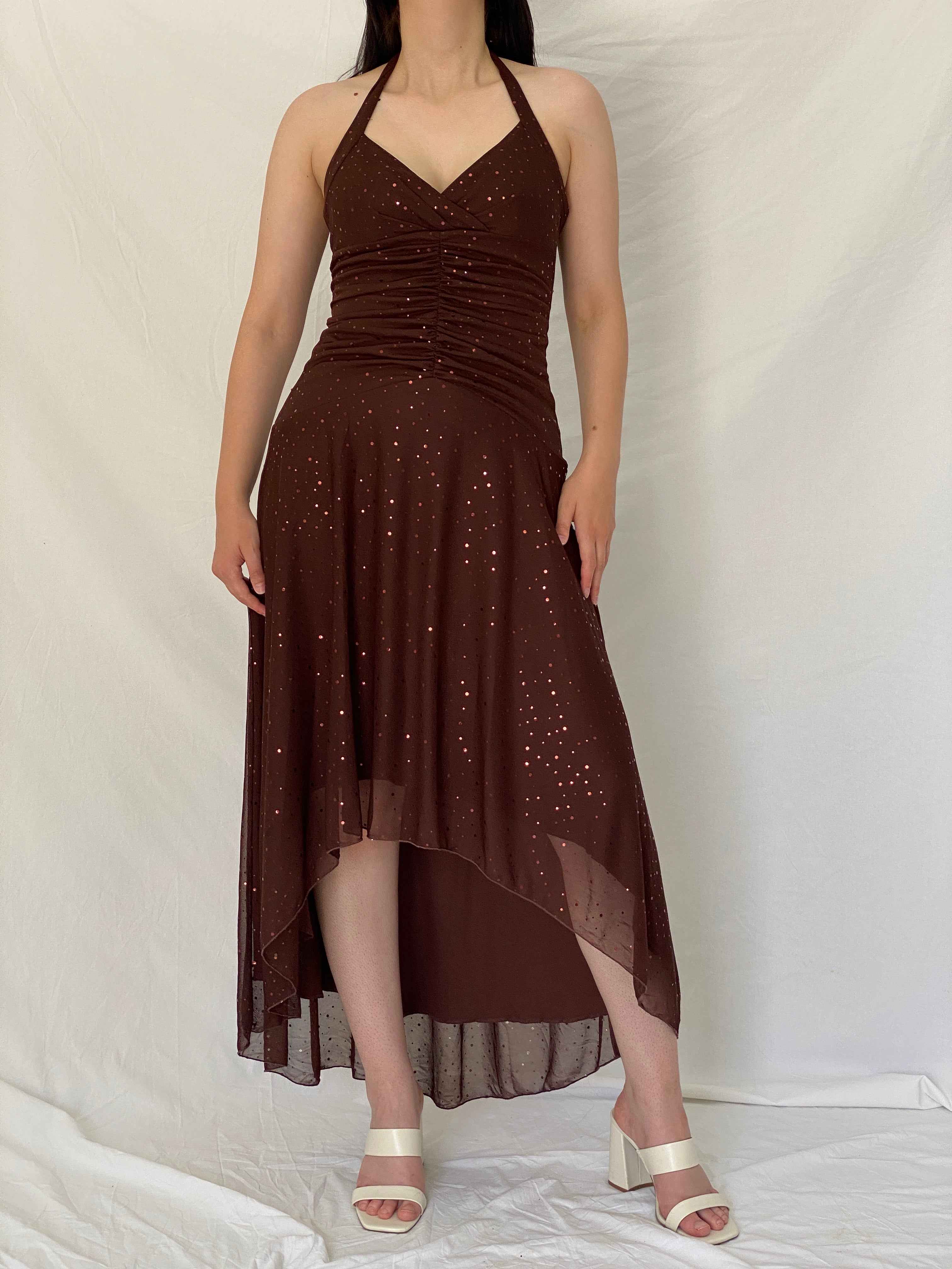Vintage Y2K City Triangles Chocolate Brown Sequin Ruched Halter High-Low Maxi Dress - M