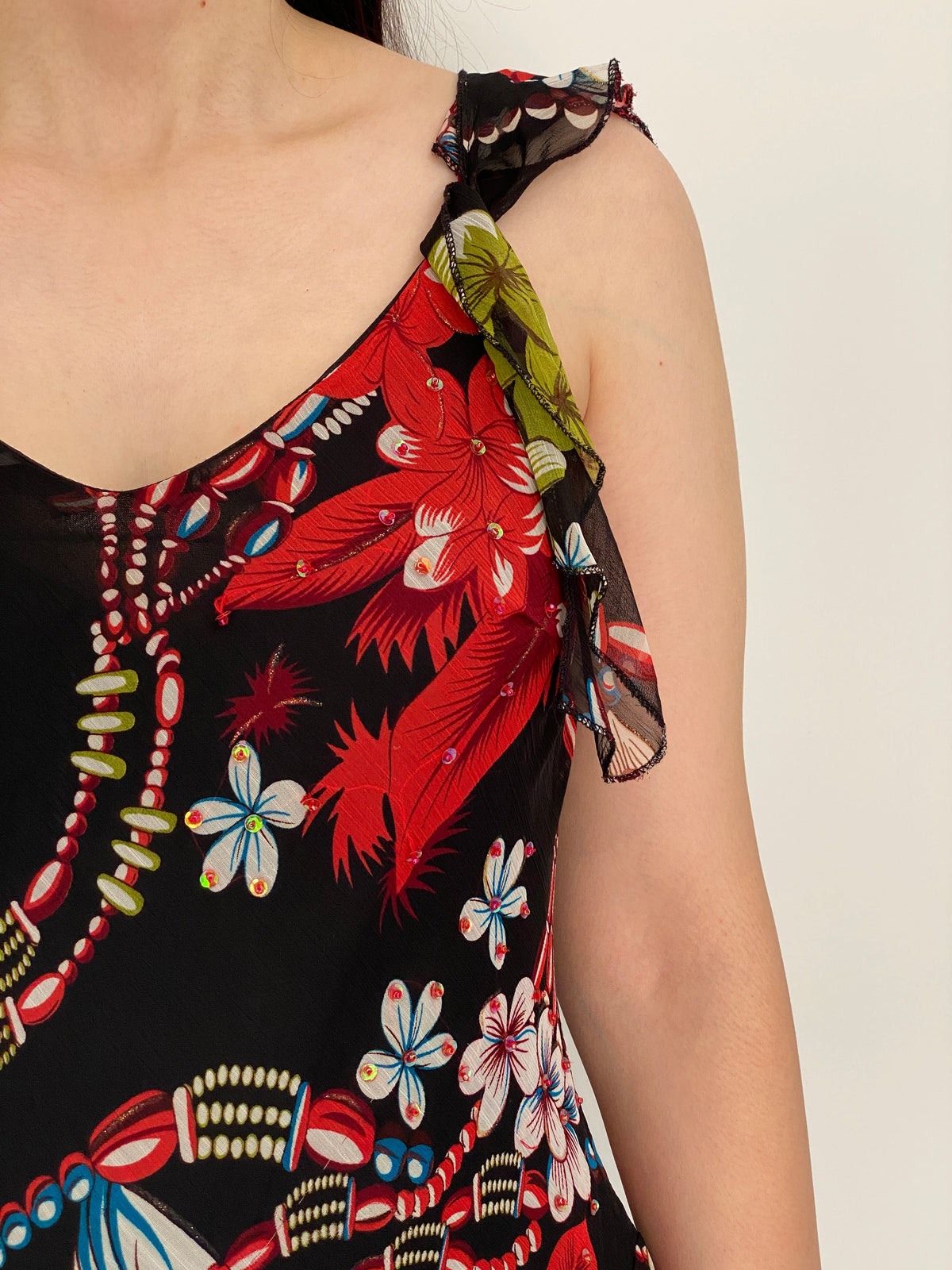 Vintage Y2K HUANGJIALIREN Black Silk Blend Floral Asymmetric Ruffle Dress - M