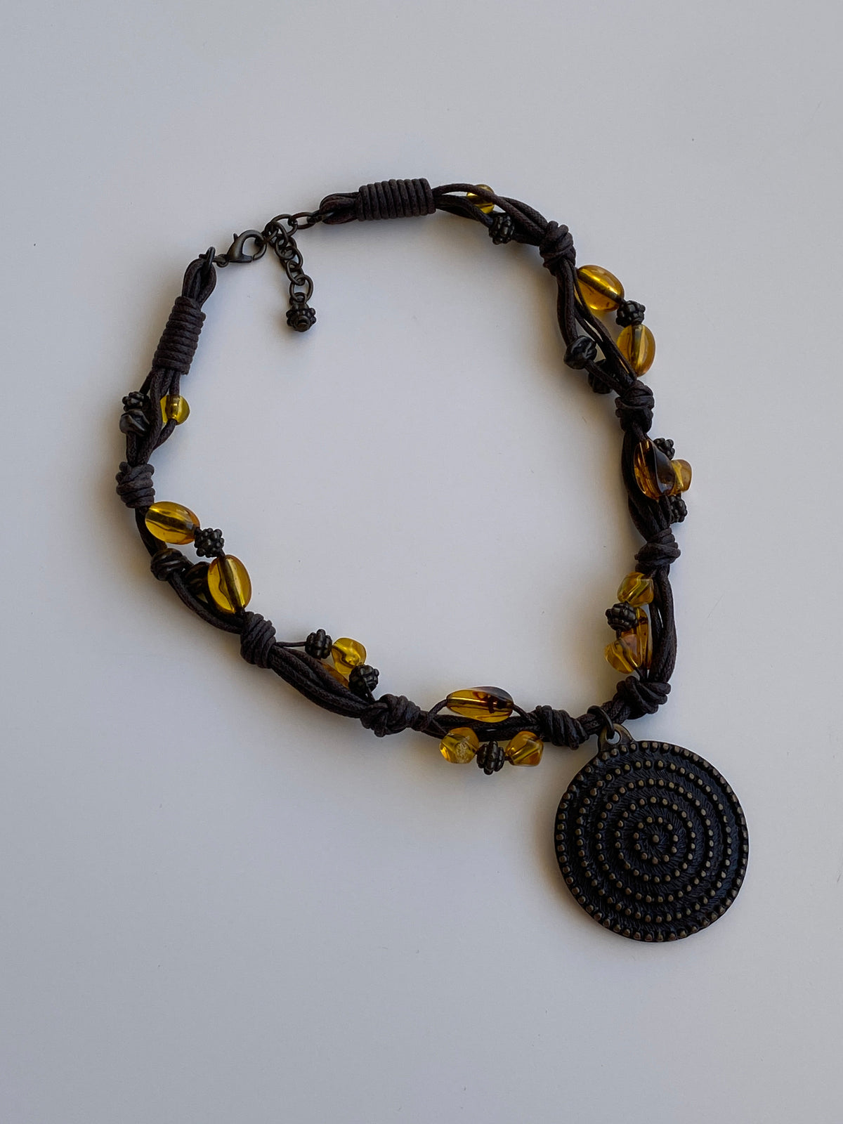 Vintage Y2K Boho Brown Cord Amber Bead Spiral Medallion Statement Necklace