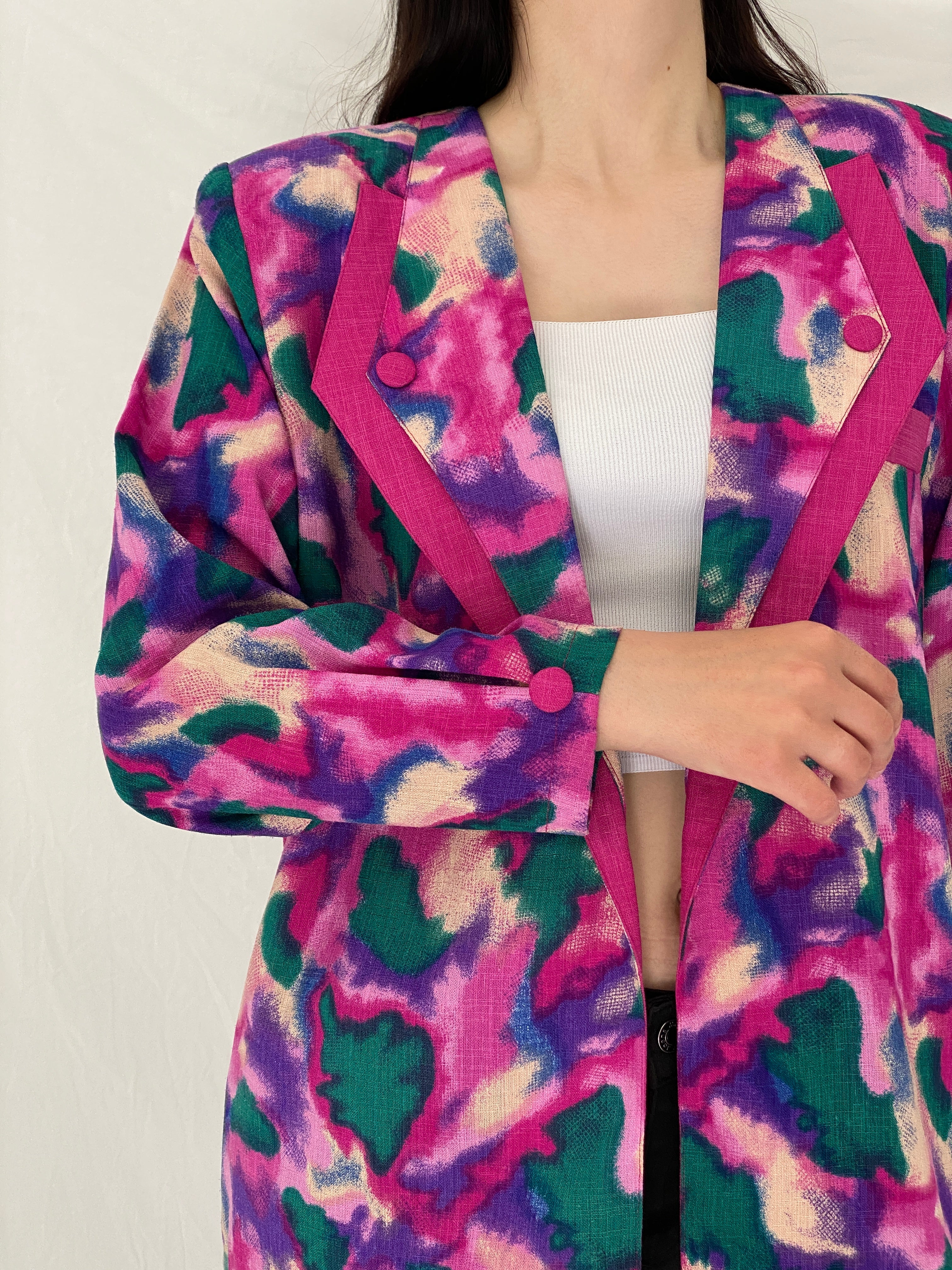 Vintage 90s Picadally London Vibrant Abstract Linen Blend Blazer – Free Size