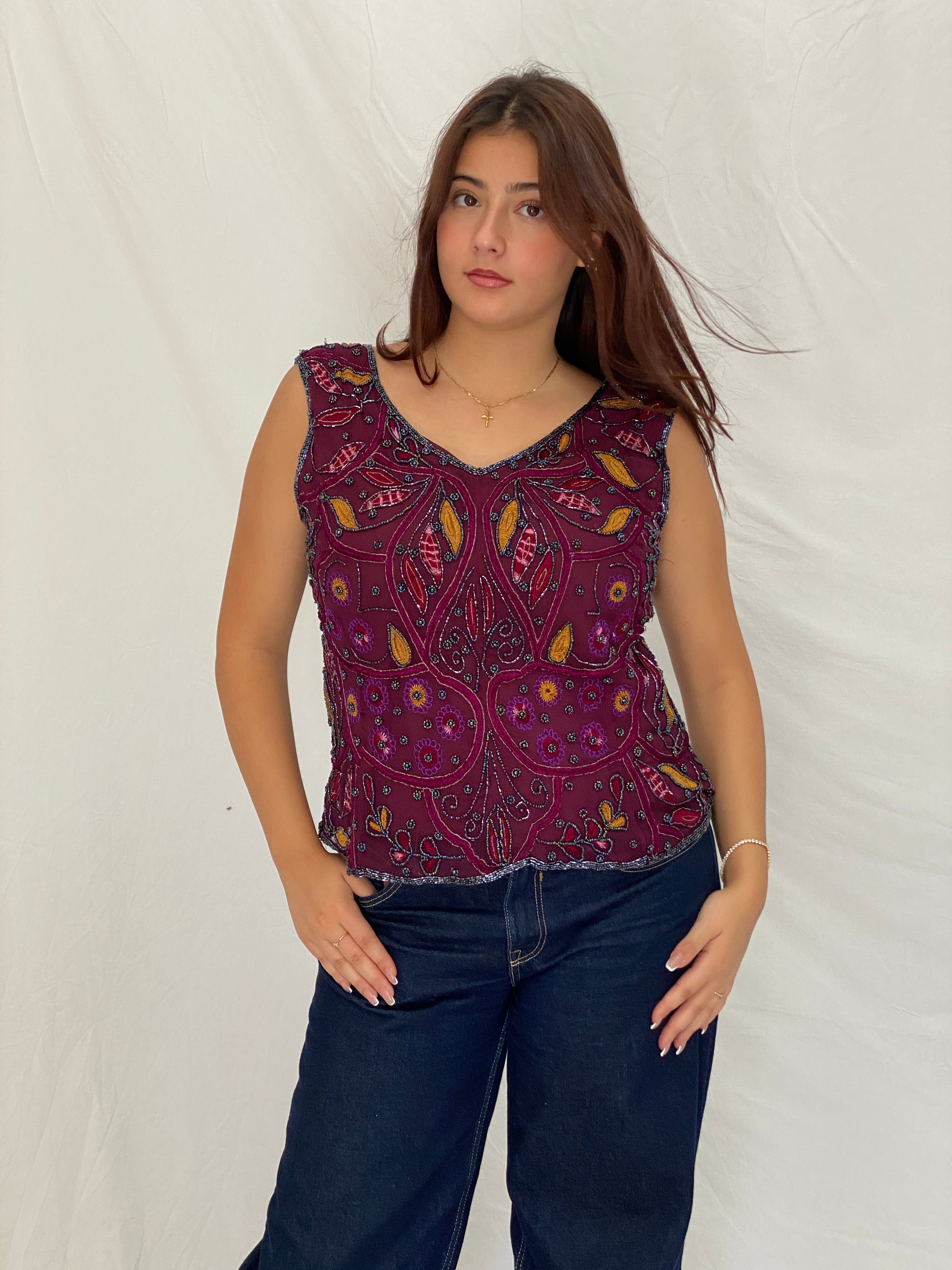 Vintage Beaded Embroidered Burgundy Handmade Evening Top - L
