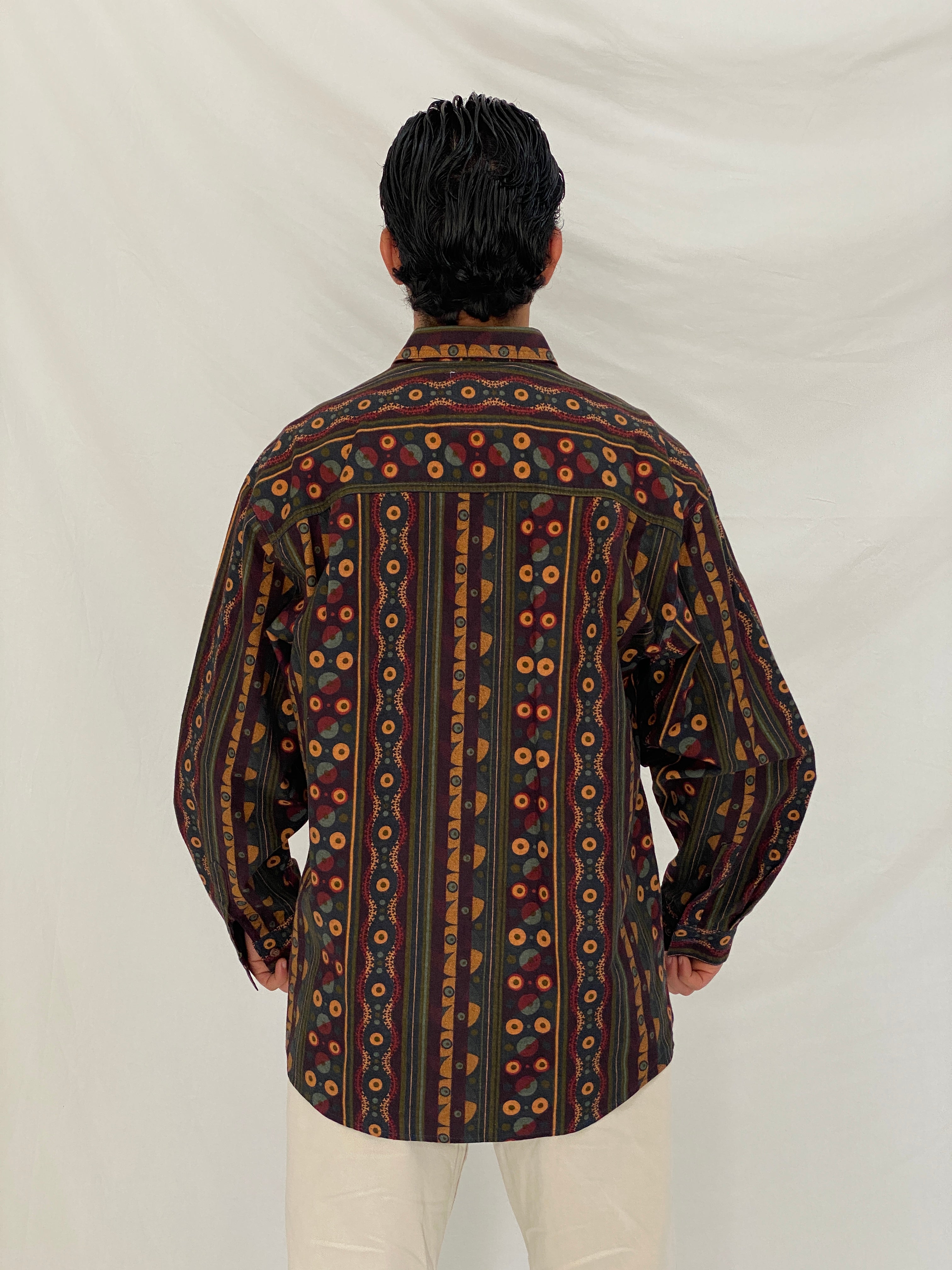 Vintage 90s Mekay Geometric Tribal Stripe Button Up Shirt Abstract Long Sleeve Oversized Fit - L