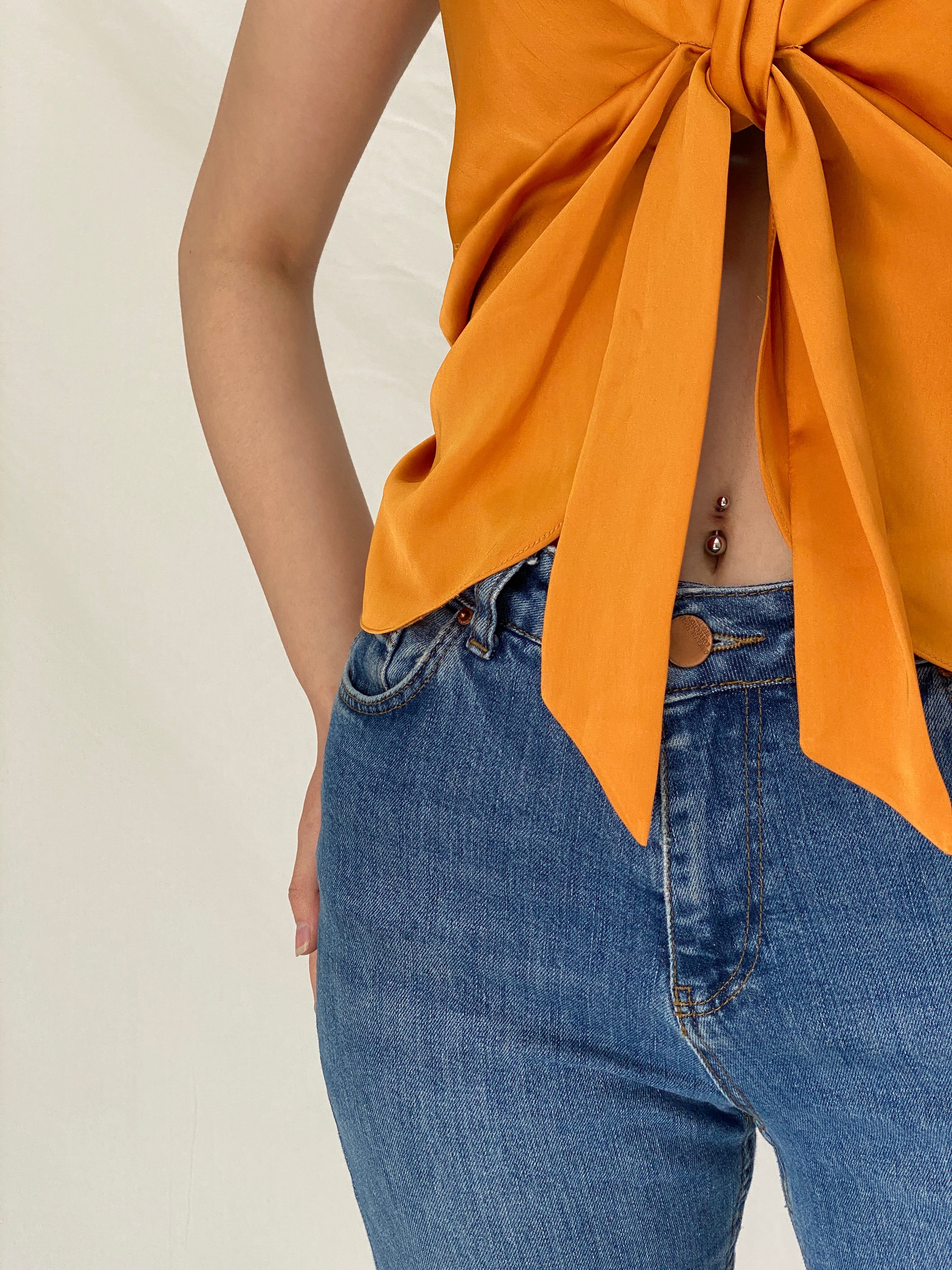 Vintage Orange Satin Tie-Front Blouse Sleeveless Draped Top - M