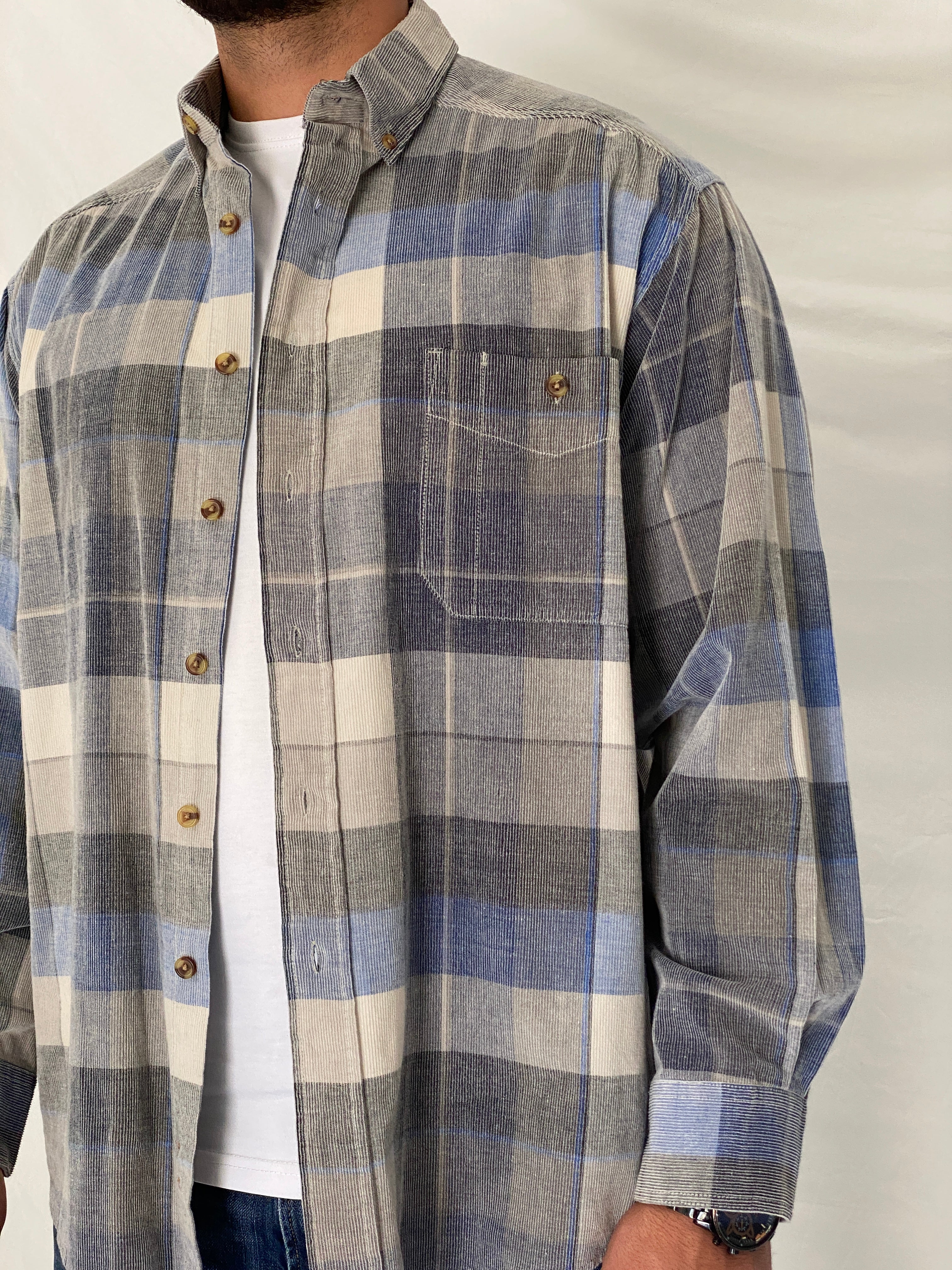 Vintage Basic Options Blue & Gray Plaid Corduroy Cotton Men’s Shirt - L