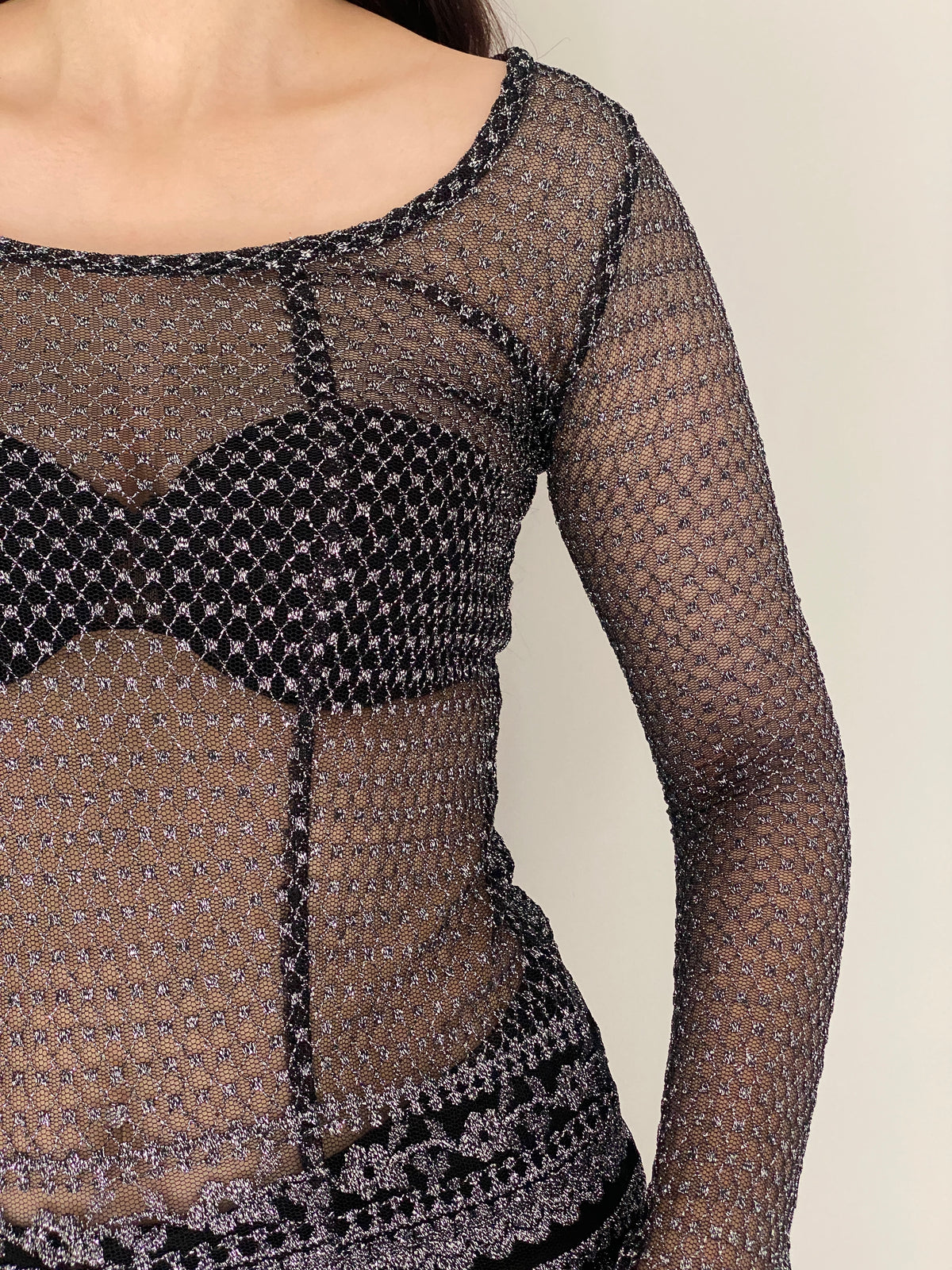 Vintage Y2K Black & Silver Metallic Crochet Mesh Sheer Grunge Top – S