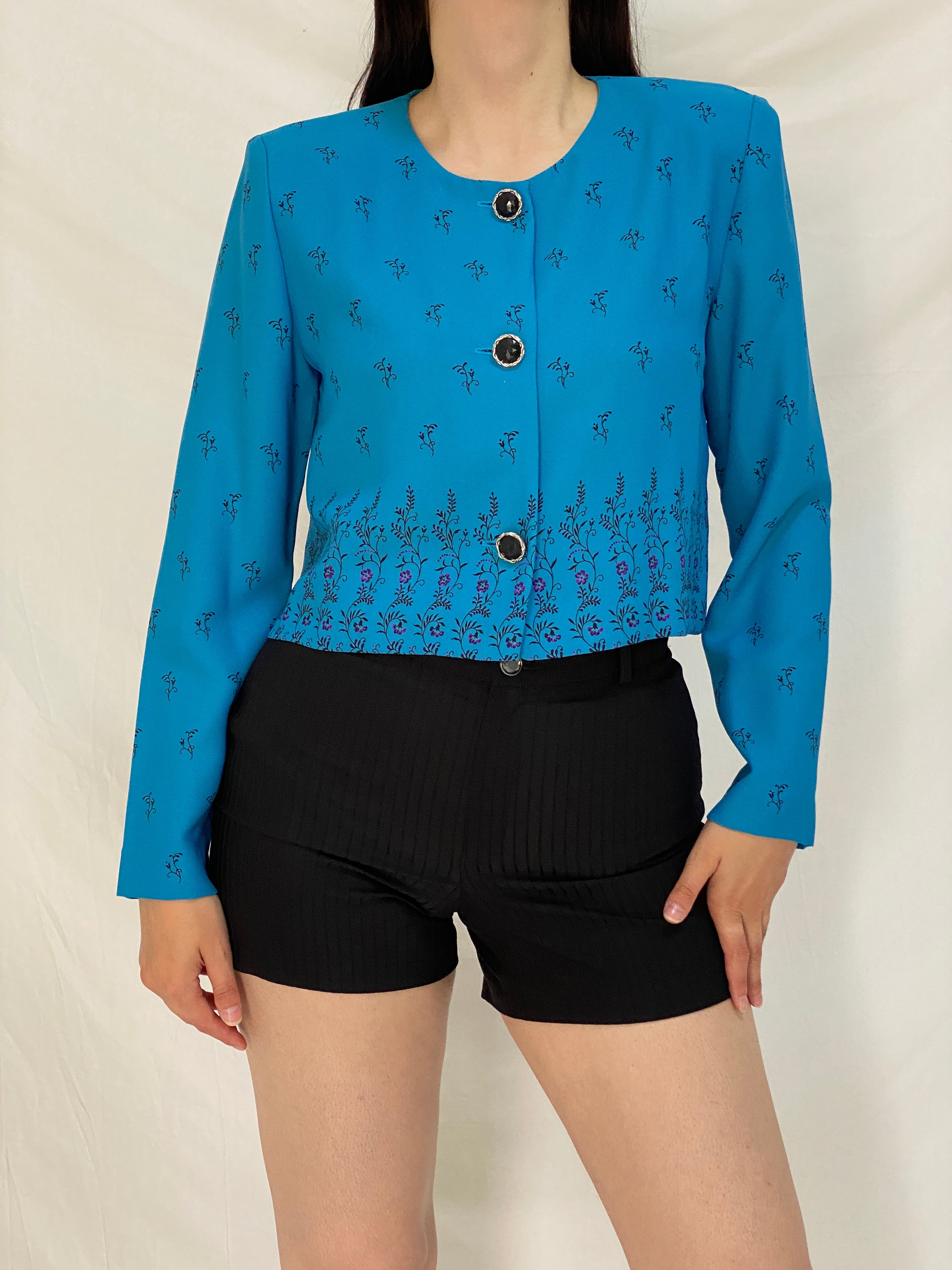 Vintage 90s Leslie Fay Blue Floral Cropped Light Evening Blazer – M