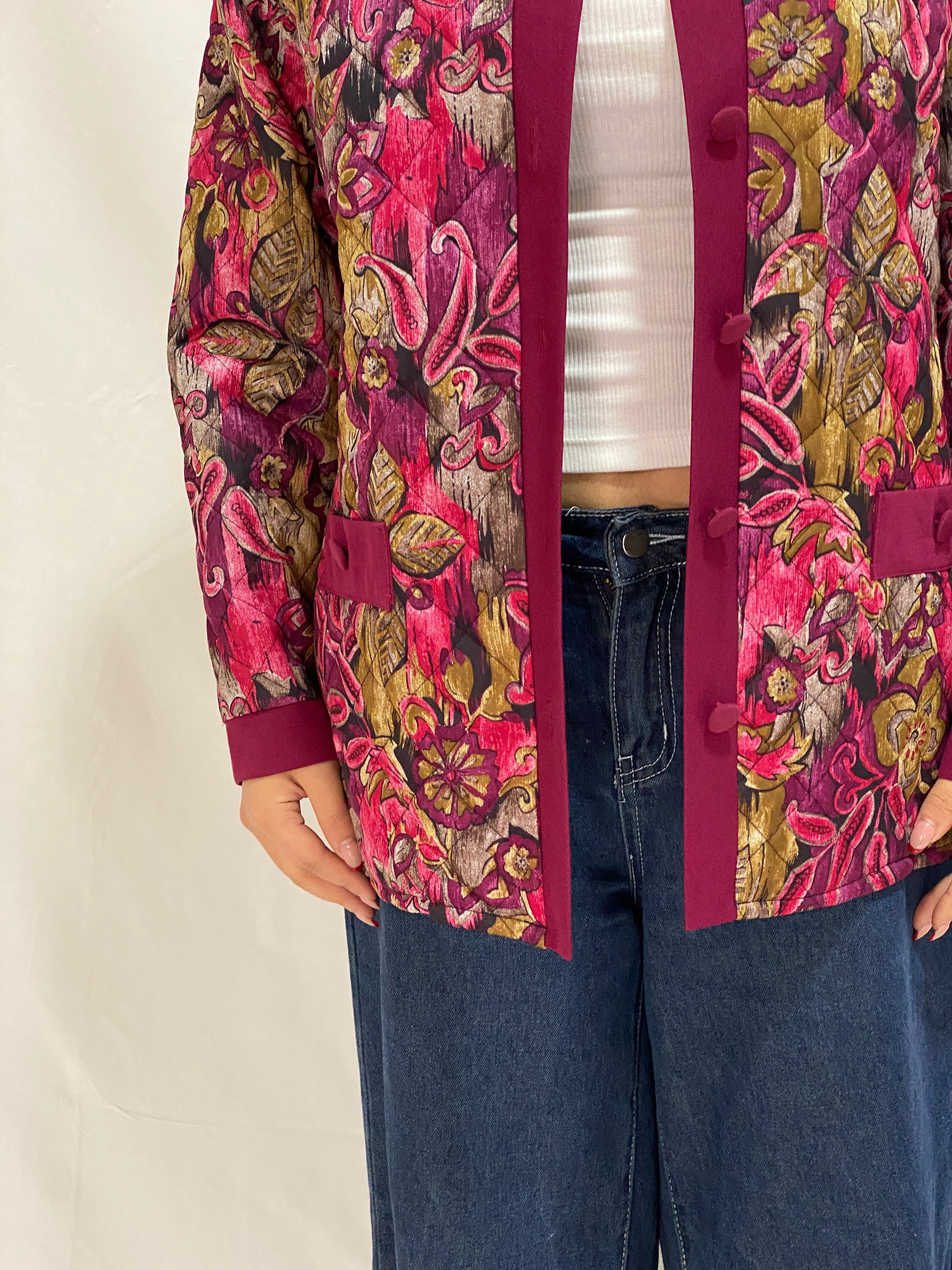 Vintage Quilted Floral Jacket Burgundy & Pink Paisley Button-Up Jacket - XL