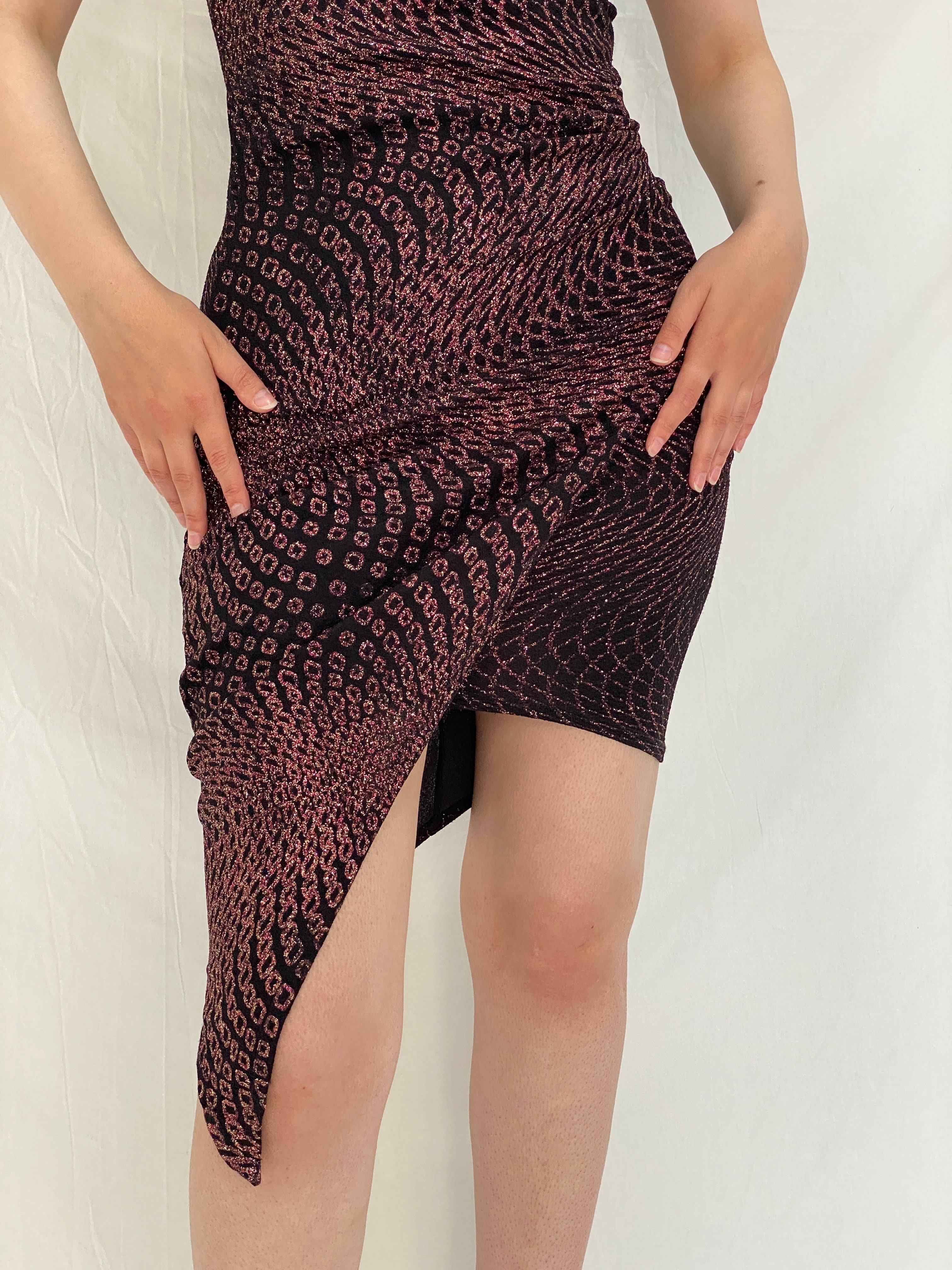 Vintage Monaco Black & Burgundy Glitter Asymmetric Party Dress - M